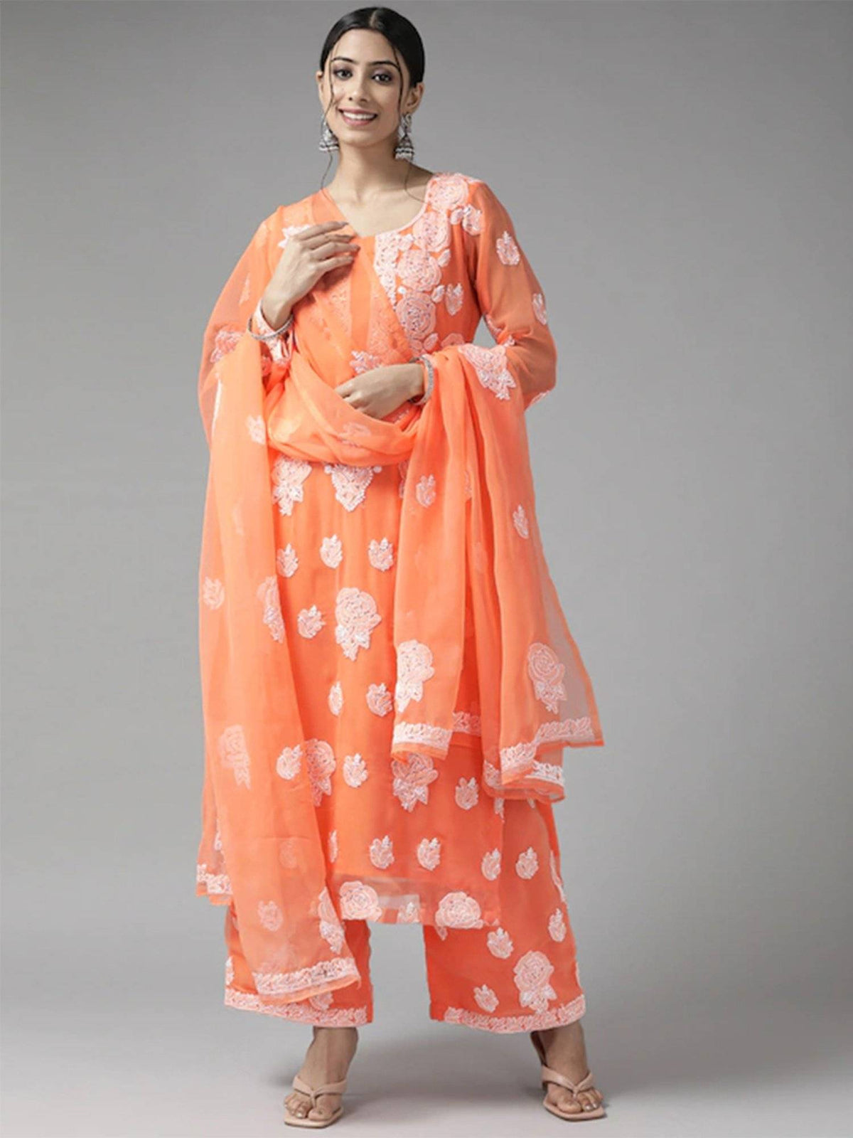 Hand Embroidered Yellow Georgette Lucknowi Chikankari Unstitched Dress Material (Set of 3) | D56 - view 19