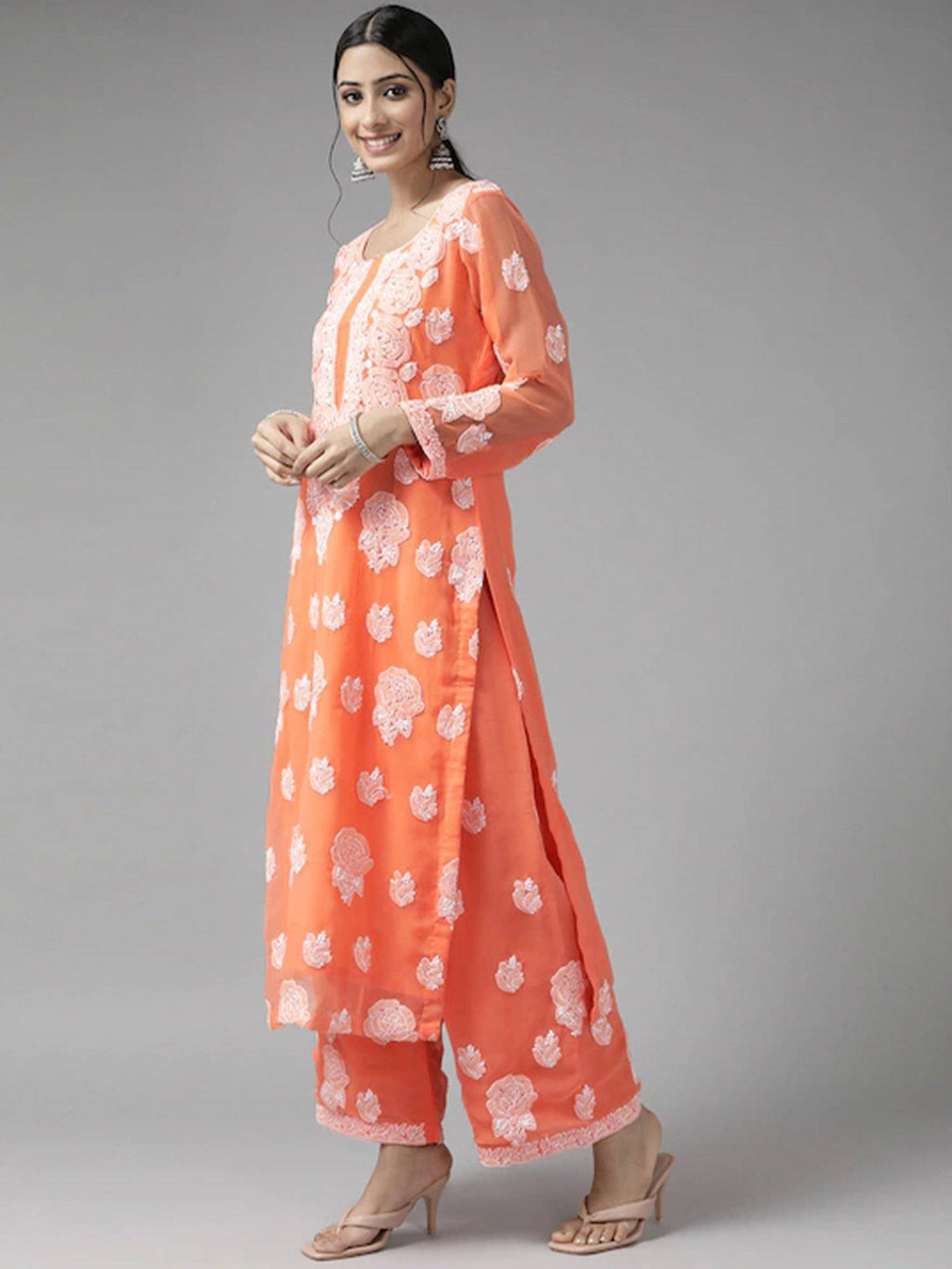 Hand Embroidered Yellow Georgette Lucknowi Chikankari Unstitched Dress Material (Set of 3) | D56 - view 23