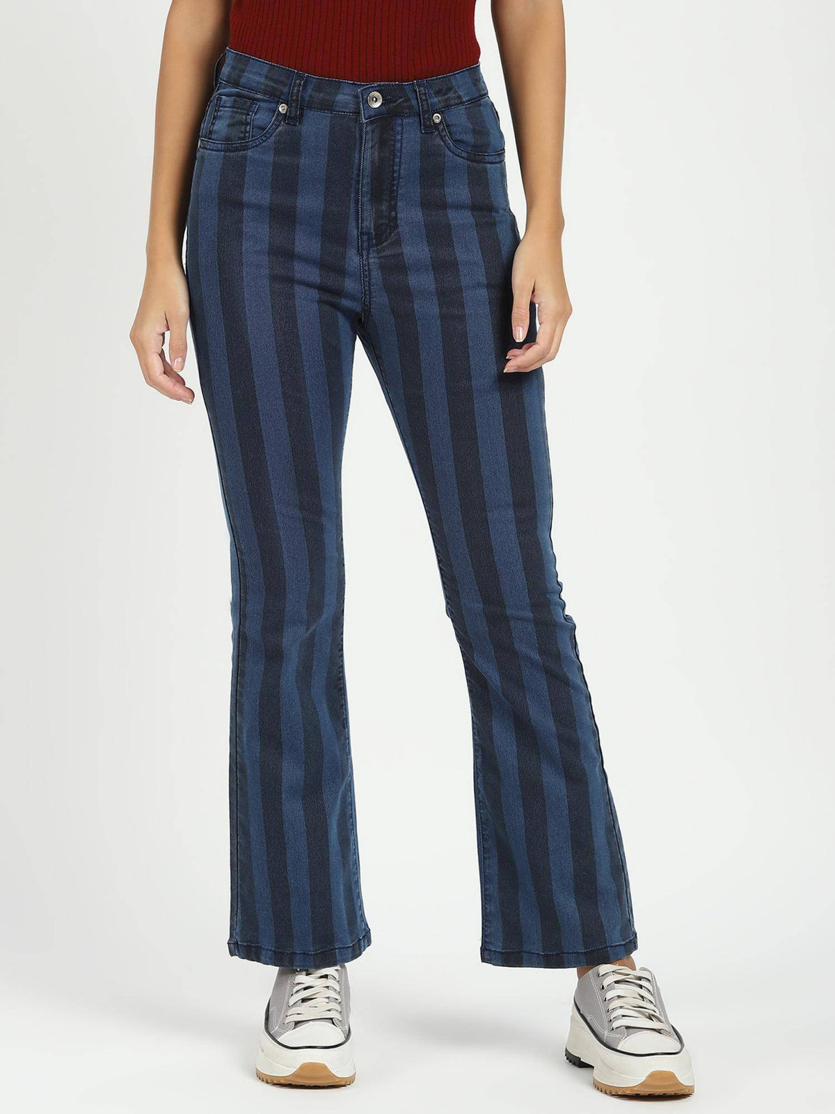 Womens Cotton Blend Stripes Bootcut Jeans | BT10 - view 1