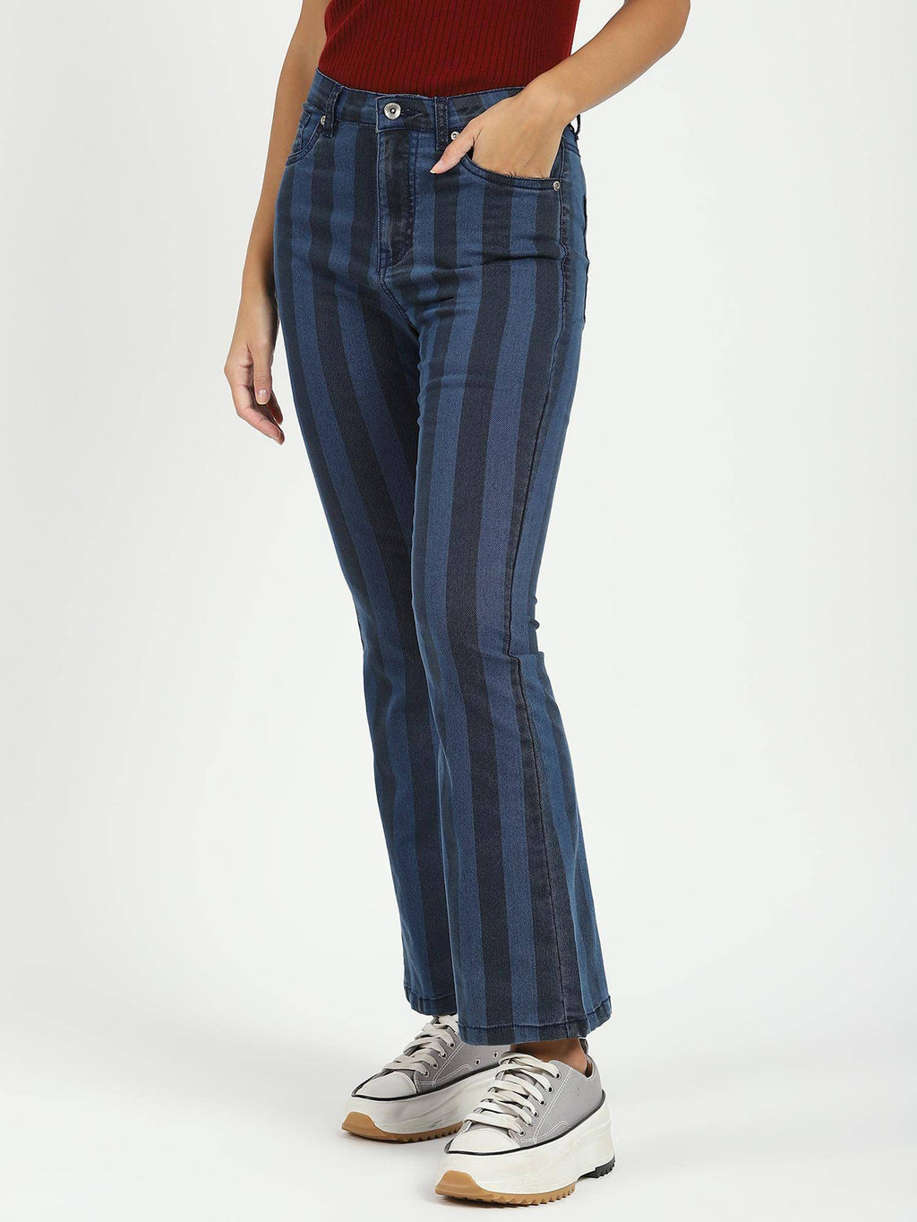 Womens Cotton Blend Stripes Bootcut Jeans | BT10 - view 2