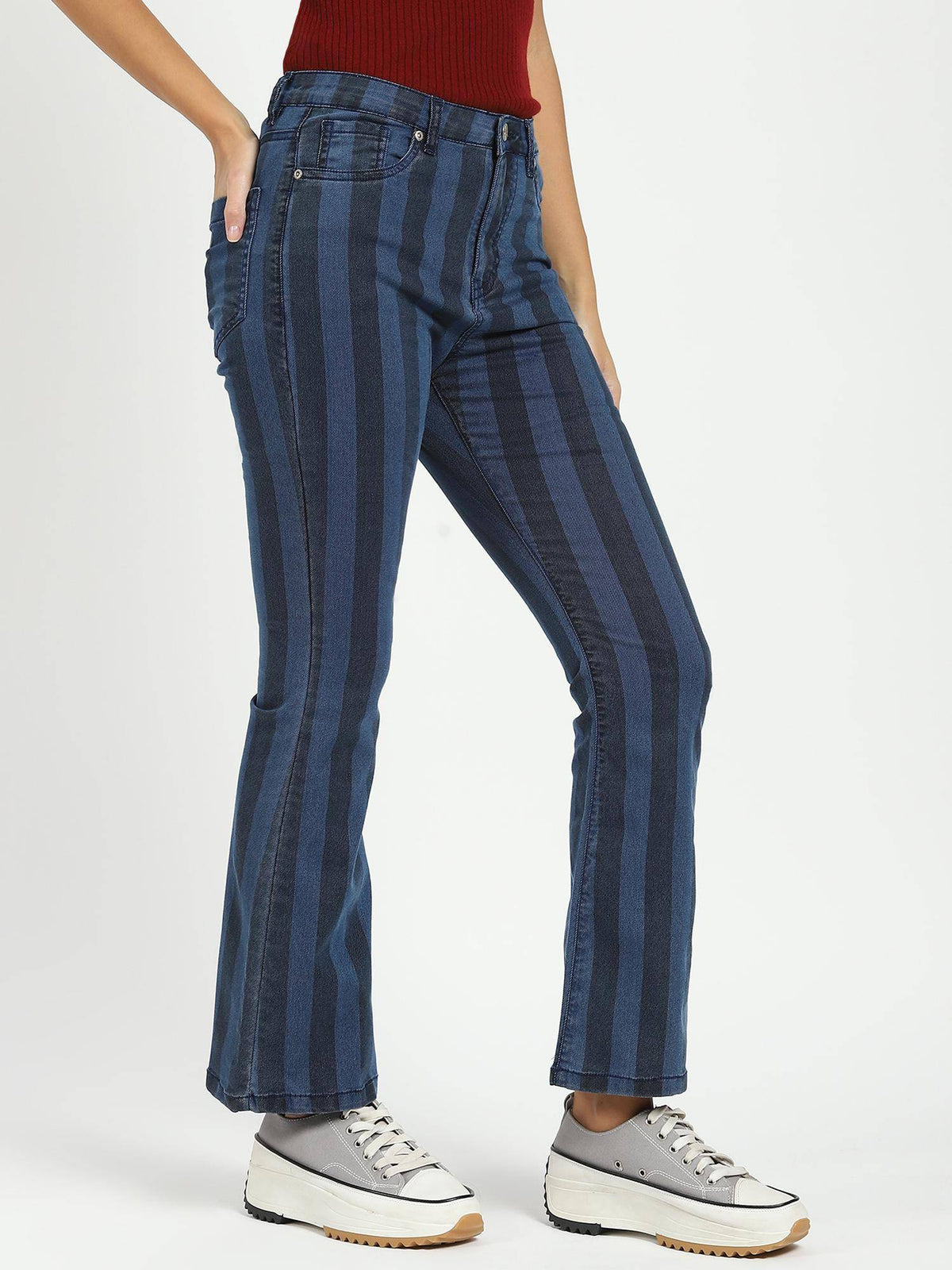 Womens Cotton Blend Stripes Bootcut Jeans | BT10 - view 3