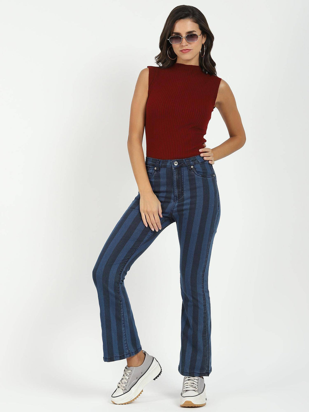 Womens Cotton Blend Stripes Bootcut Jeans | BT10 - view 6