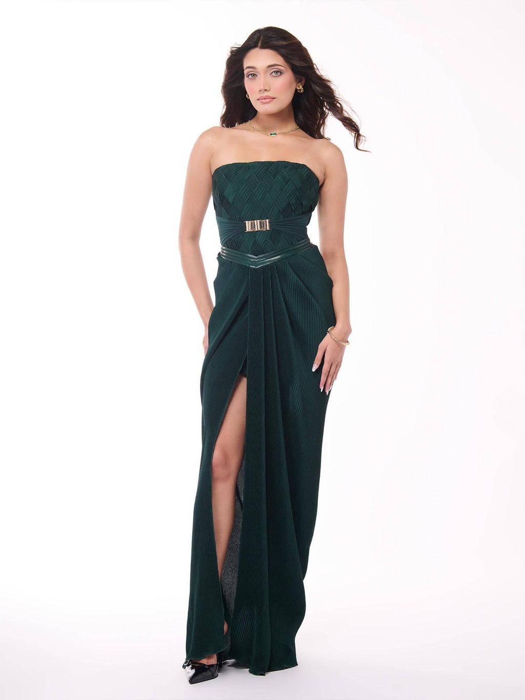 Green Emerald Cross Pleated Corset Top | TT90 - view 4