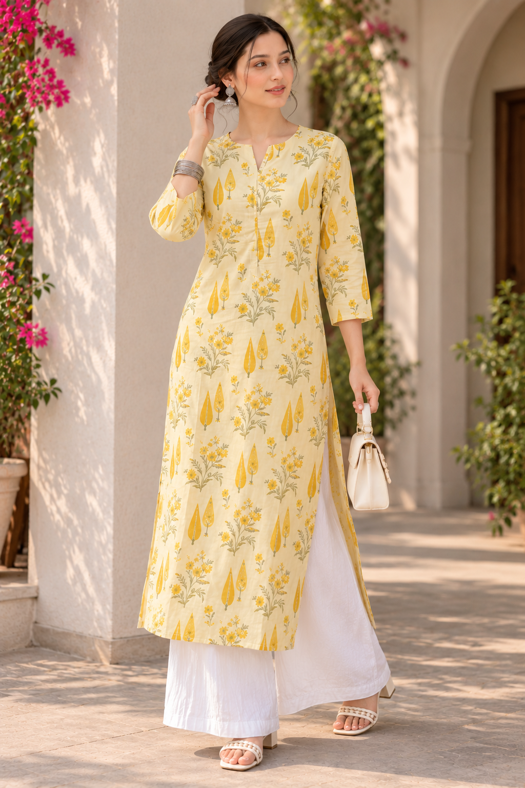Sunlit Yellow Floral Straight Kurta with White Palazzo
