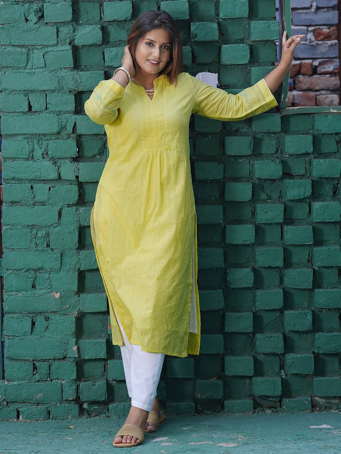 Lemon Yellow Embroidered Cotton Kurta | U3S - view 1