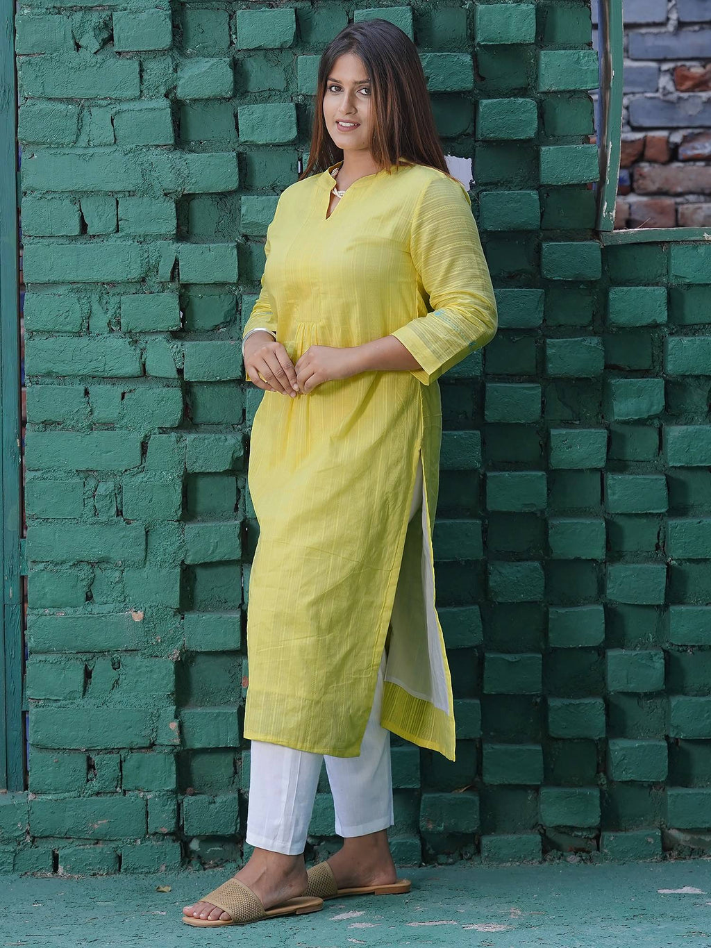 Lemon Yellow Embroidered Cotton Kurta | KDG - view 2