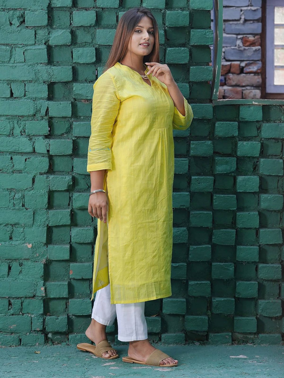 Lemon Yellow Embroidered Cotton Kurta | U3S - view 3