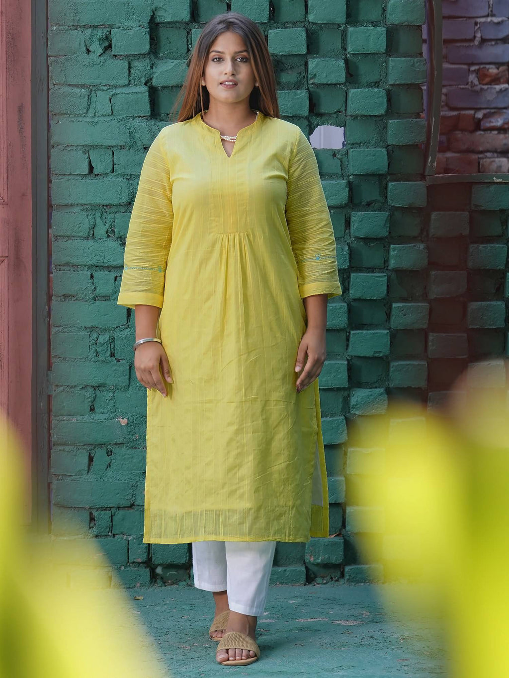 Lemon Yellow Embroidered Cotton Kurta | U3S - view 4