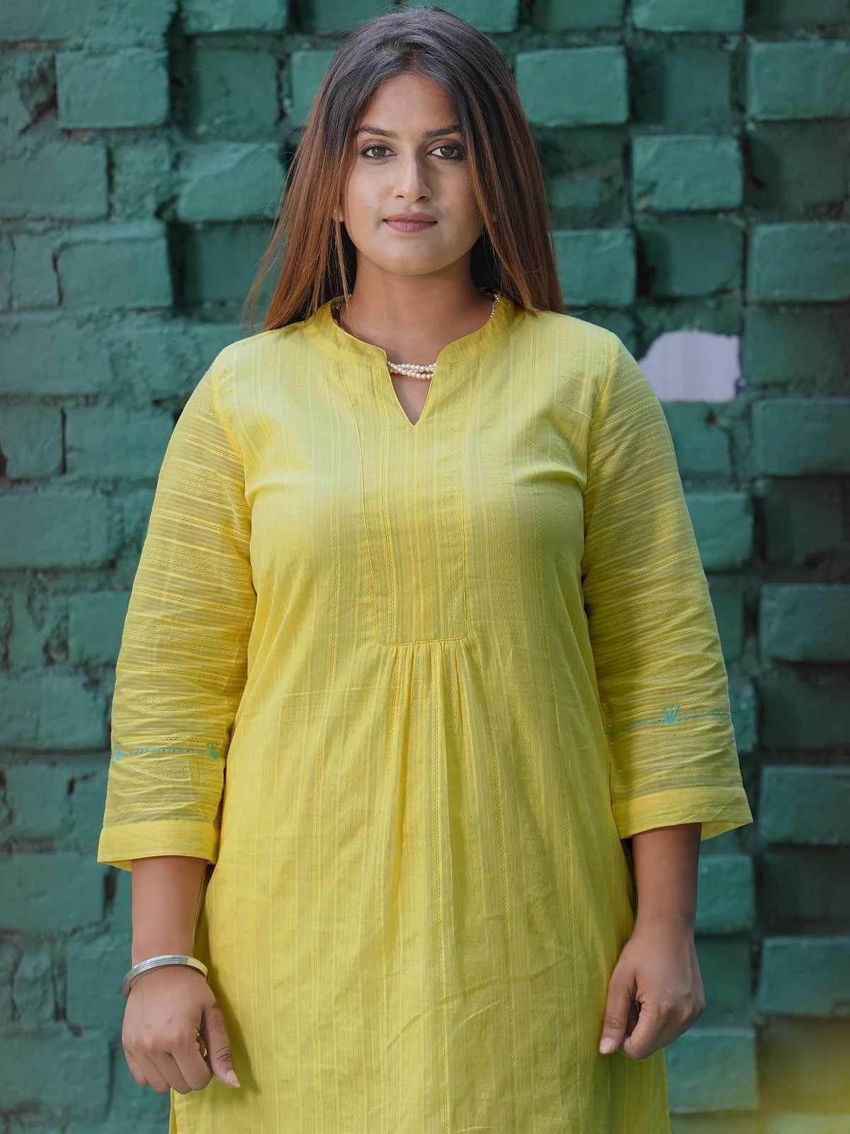 Lemon Yellow Embroidered Cotton Kurta | KDG - view 5