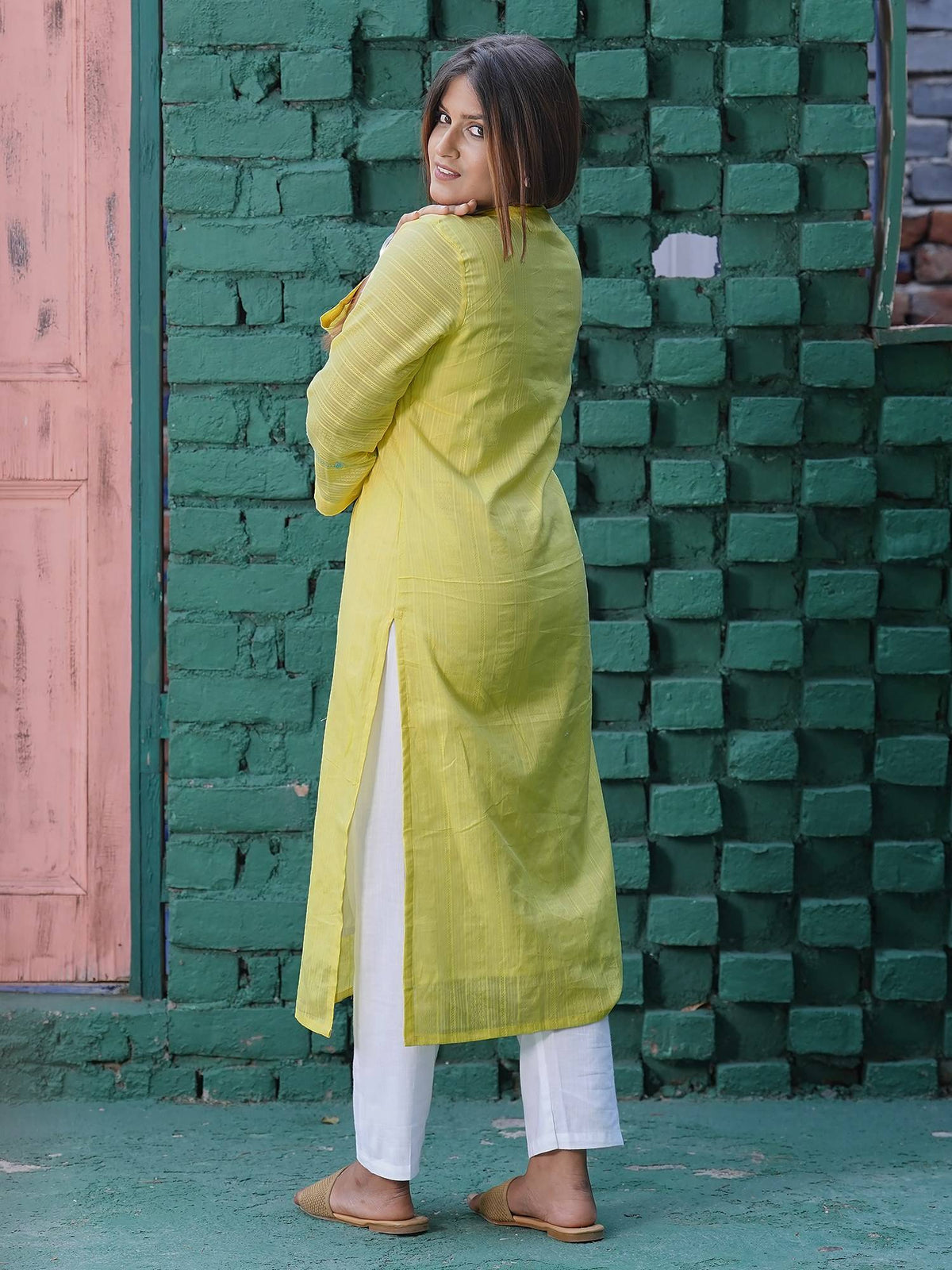 Lemon Yellow Embroidered Cotton Kurta | KDG - view 6