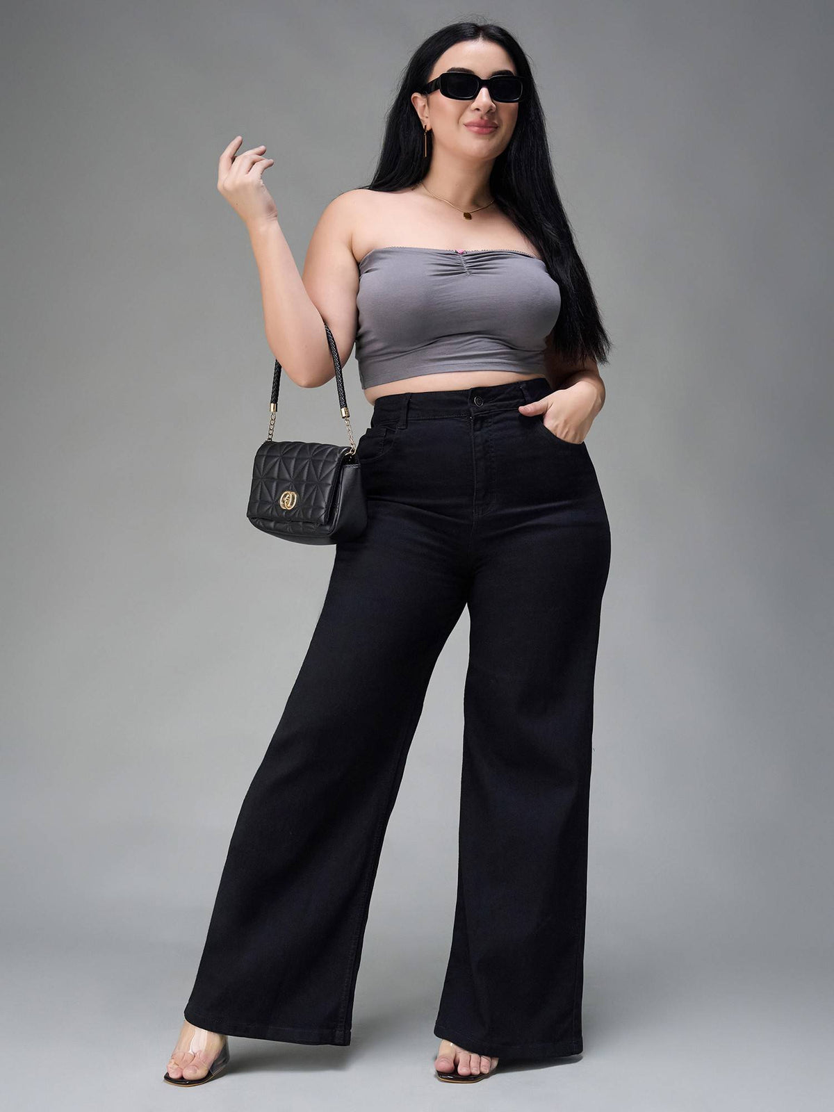 A+ Curve Collection Plus Size Women Black Wide Leg Jeans | WL90 - view 2