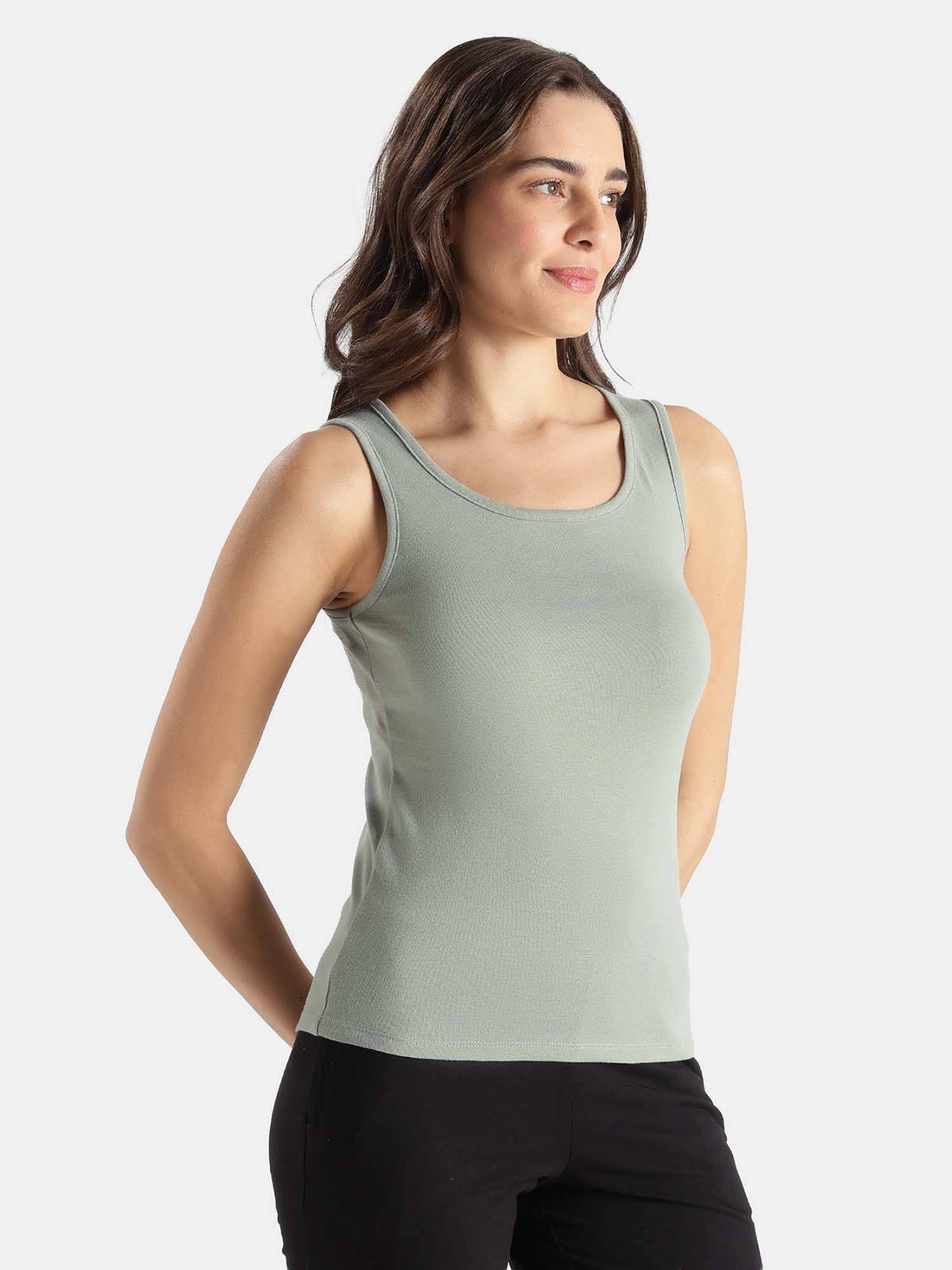 A113 Women Super Combed Cotton Rib Fabric Solid Tank Top - Iceberg Green | TT98 - view 2