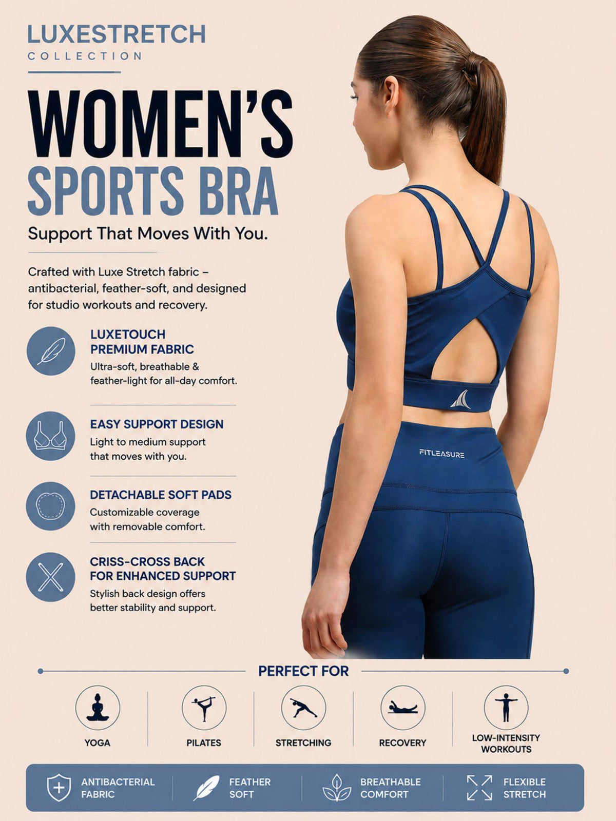 Blue Solid Regular Sports Bra | sb09 - view 2