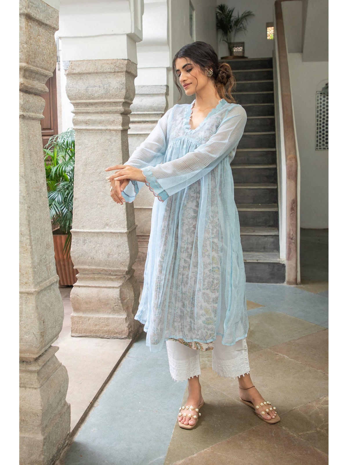 Sky Blue Doriya Checks and Embroidered Kurta with Printed Inner (Set of 2) | KDG - view 1