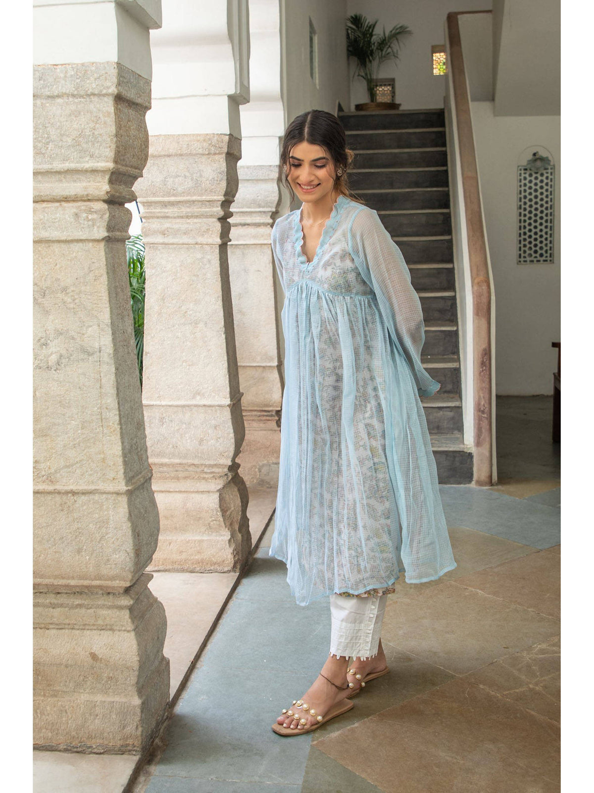 Sky Blue Doriya Checks and Embroidered Kurta with Printed Inner (Set of 2) | KDG - view 2