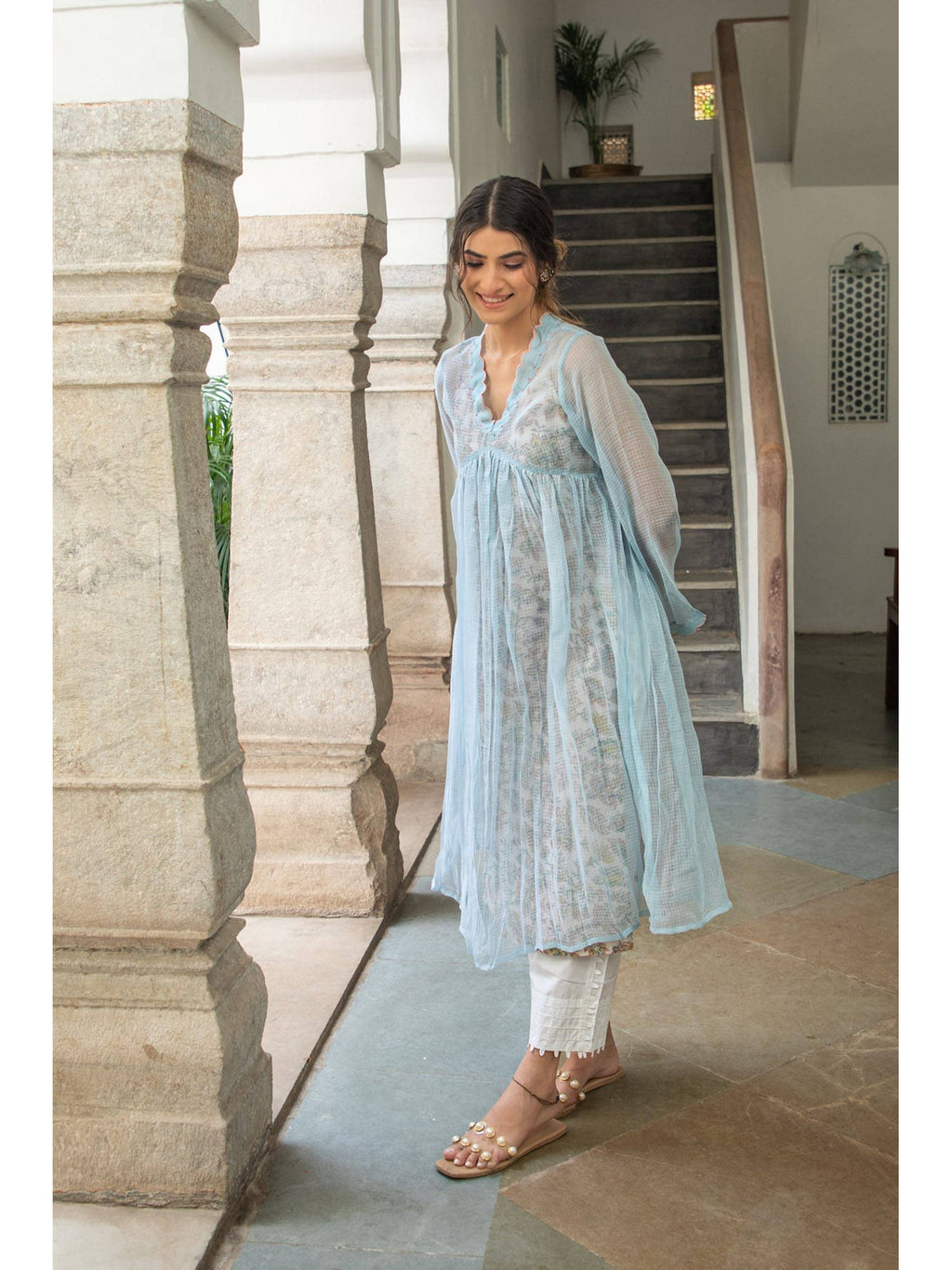 Sky Blue Doriya Checks and Embroidered Kurta with Printed Inner (Set of 2) | U3S - view 2