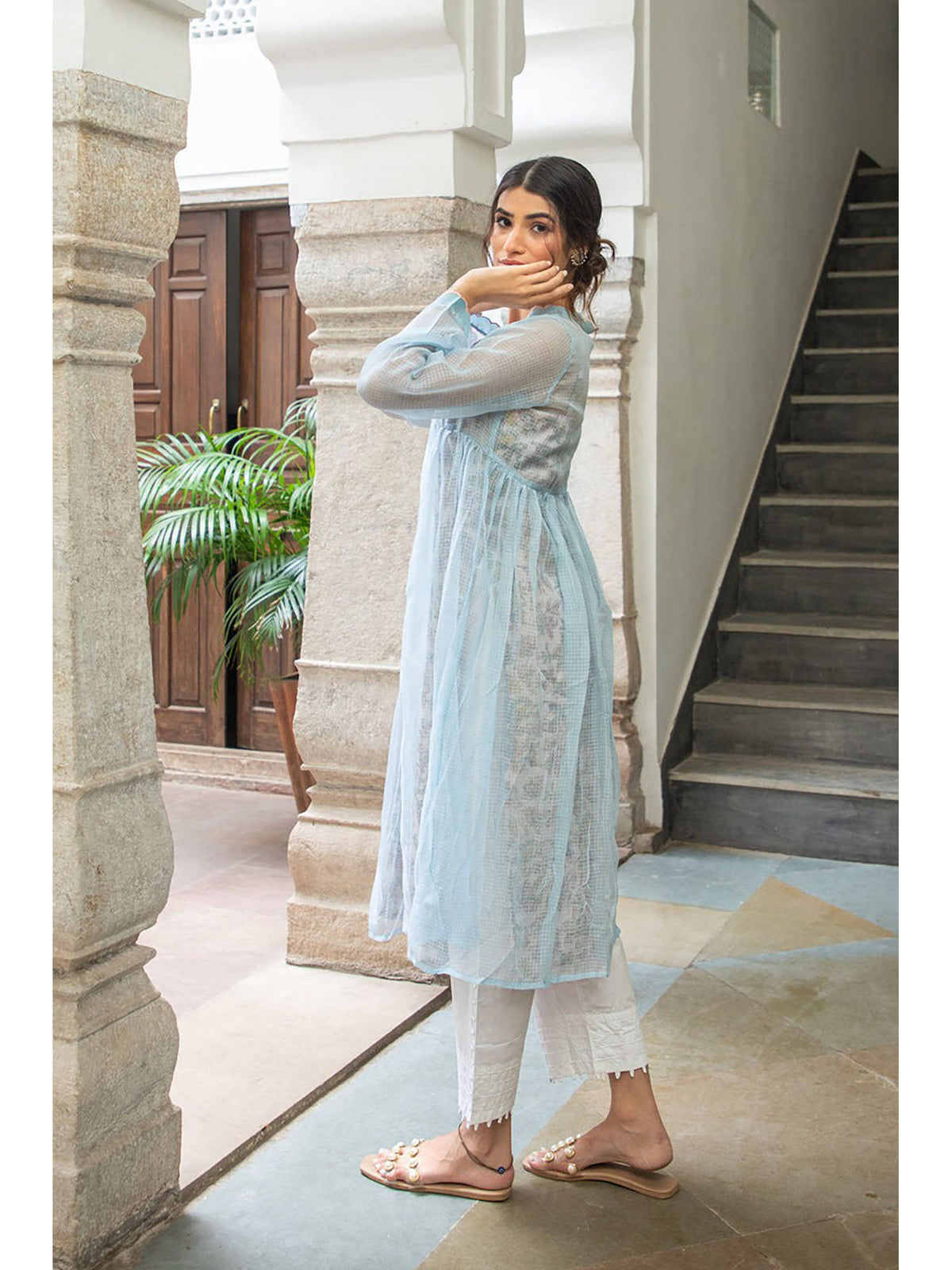 Sky Blue Doriya Checks and Embroidered Kurta with Printed Inner (Set of 2) | KDG - view 3