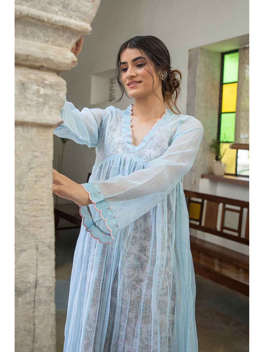 Sky Blue Doriya Checks and Embroidered Kurta with Printed Inner (Set of 2) | U3S - view 4