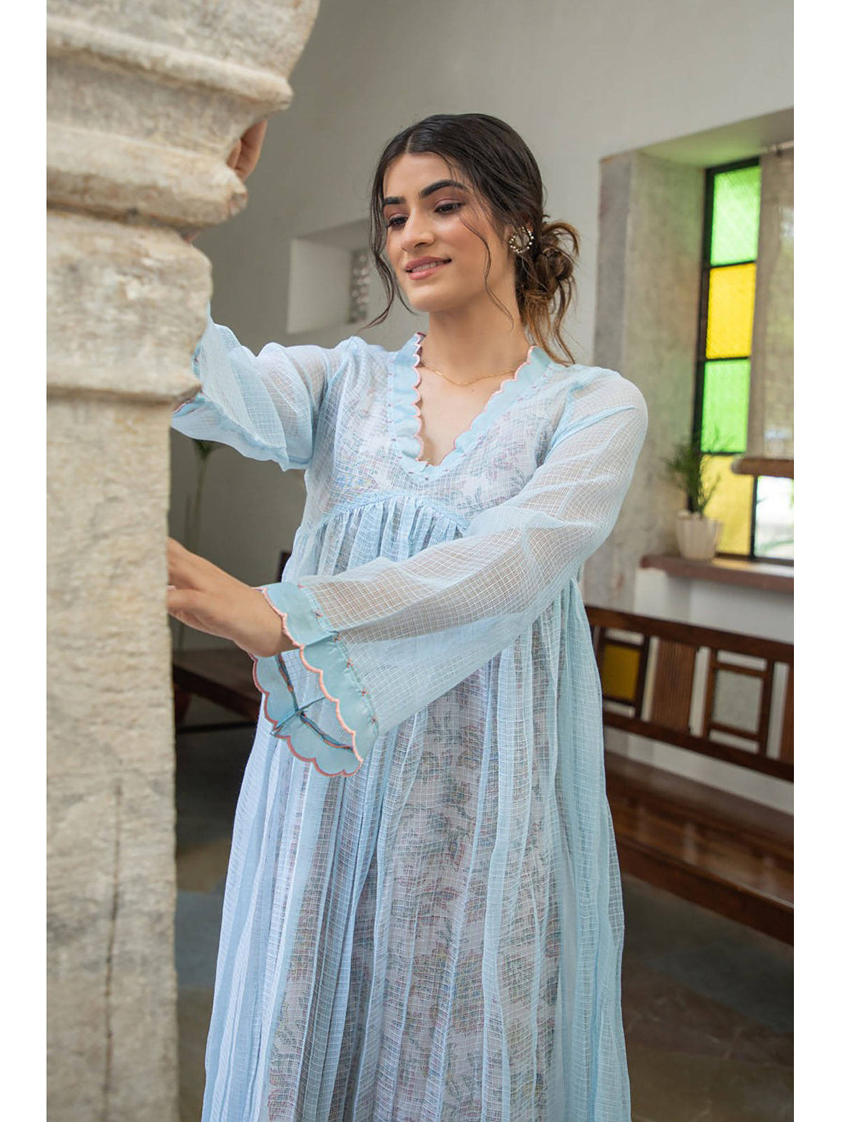 Sky Blue Doriya Checks and Embroidered Kurta with Printed Inner (Set of 2) | U3S - view 4