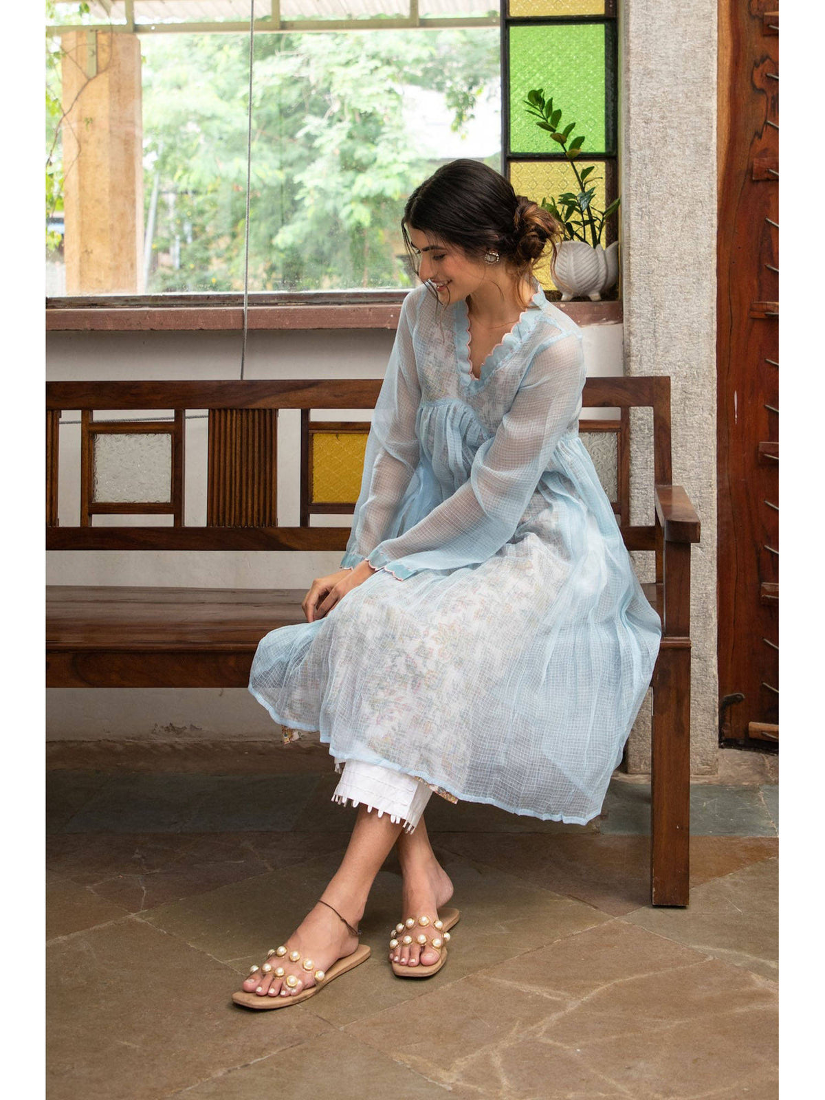 Sky Blue Doriya Checks and Embroidered Kurta with Printed Inner (Set of 2) | KDG - view 5