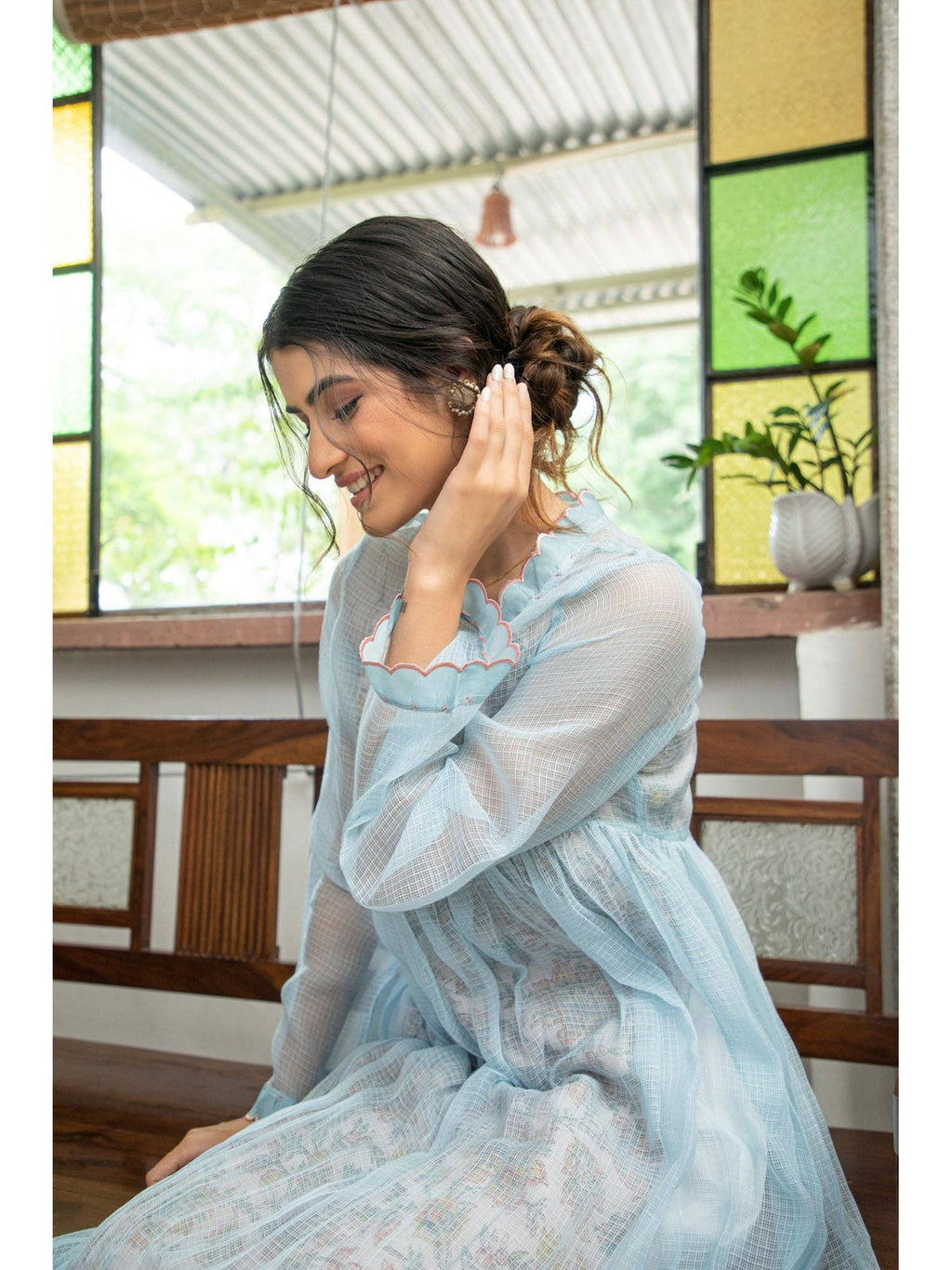 Sky Blue Doriya Checks and Embroidered Kurta with Printed Inner (Set of 2) | U3S - view 6