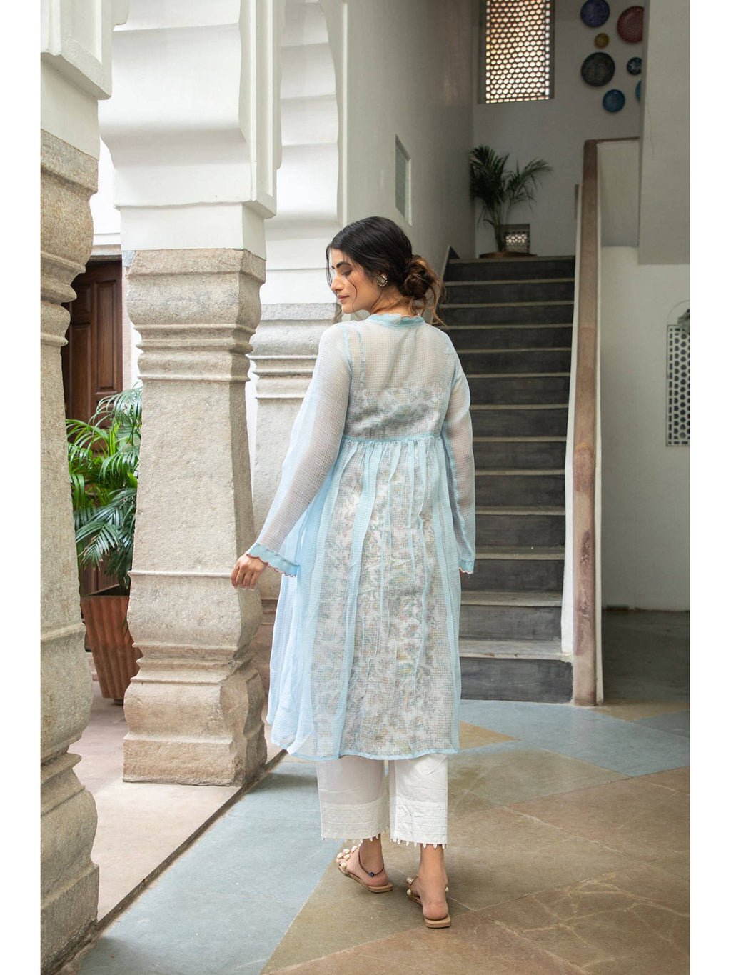 Sky Blue Doriya Checks and Embroidered Kurta with Printed Inner (Set of 2) | U3S - view 8