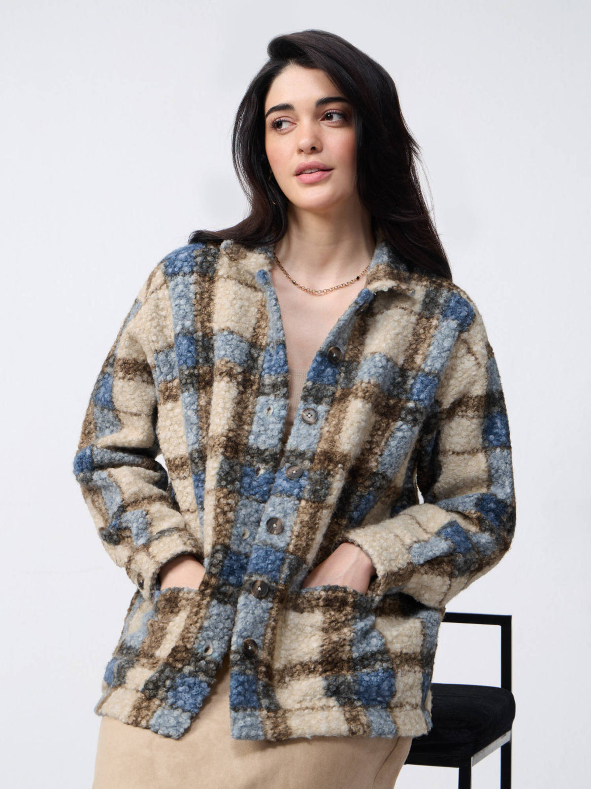 Plaid Teddy Brown Women Shackets | JC78 - view 1