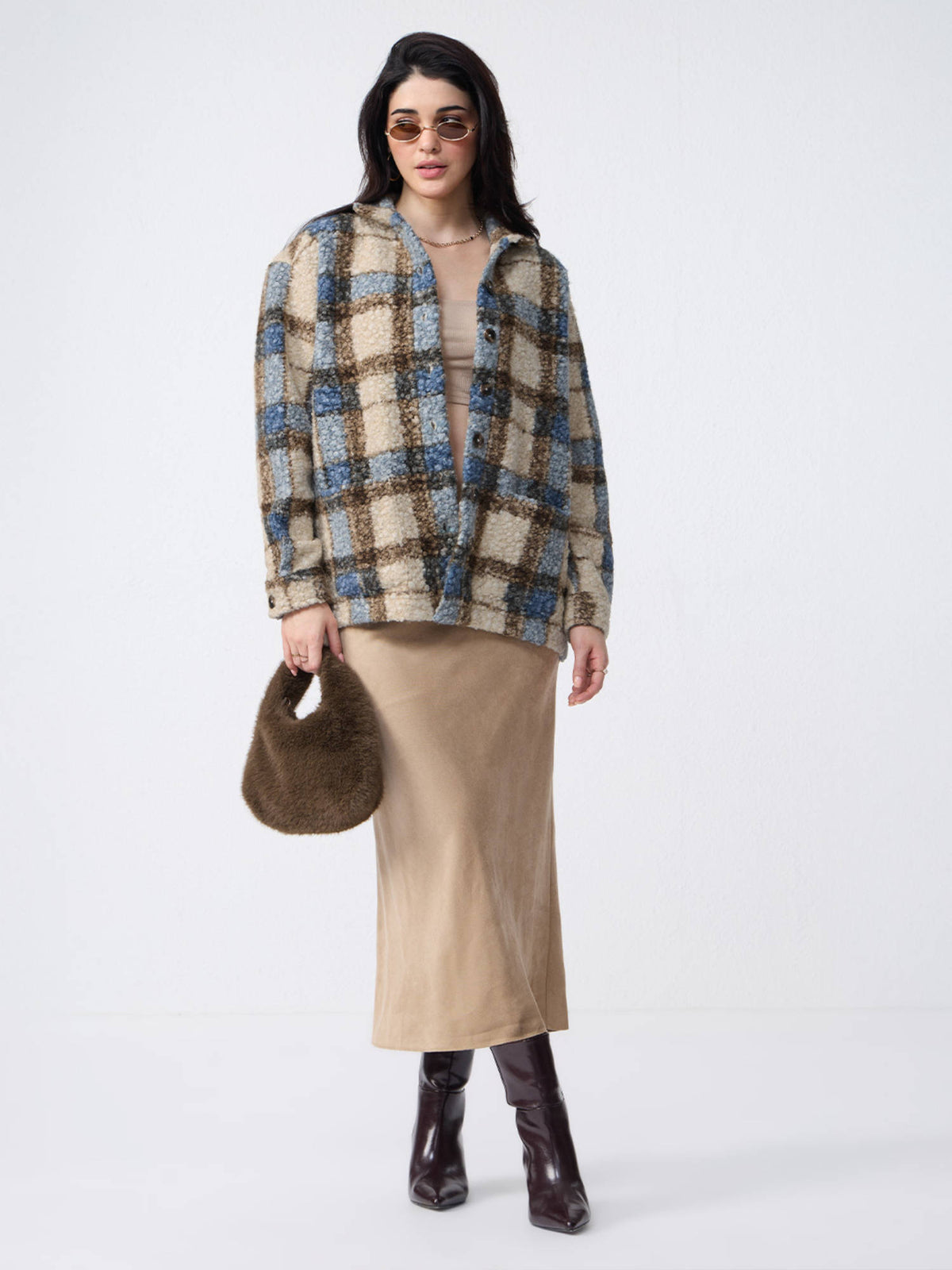 Plaid Teddy Brown Women Shackets | JC78 - view 3