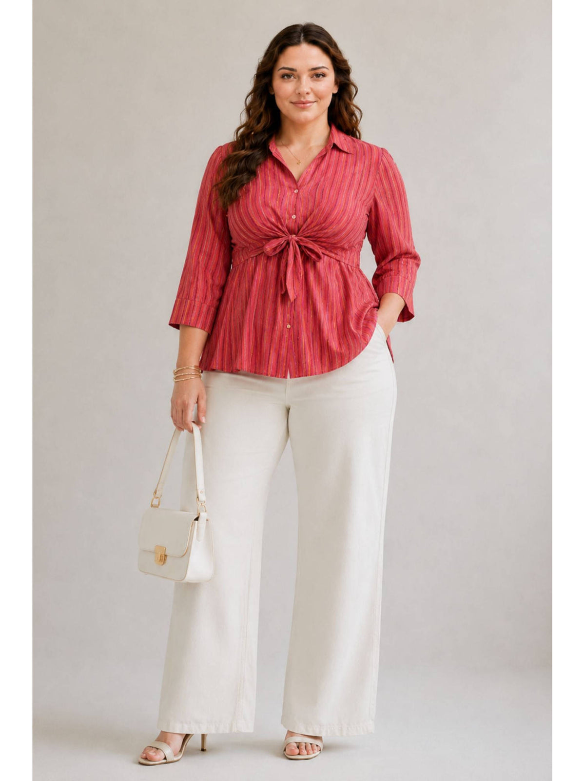 Red Women Striped Cotton Plus Size Tie-Up Shirt | S67 - view 1