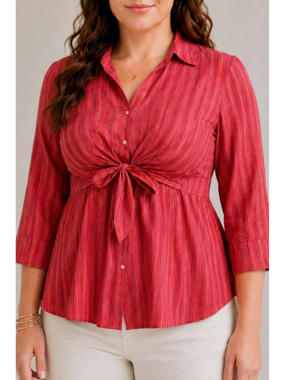 Red Women Striped Cotton Plus Size Tie-Up Shirt | S67 - view 2