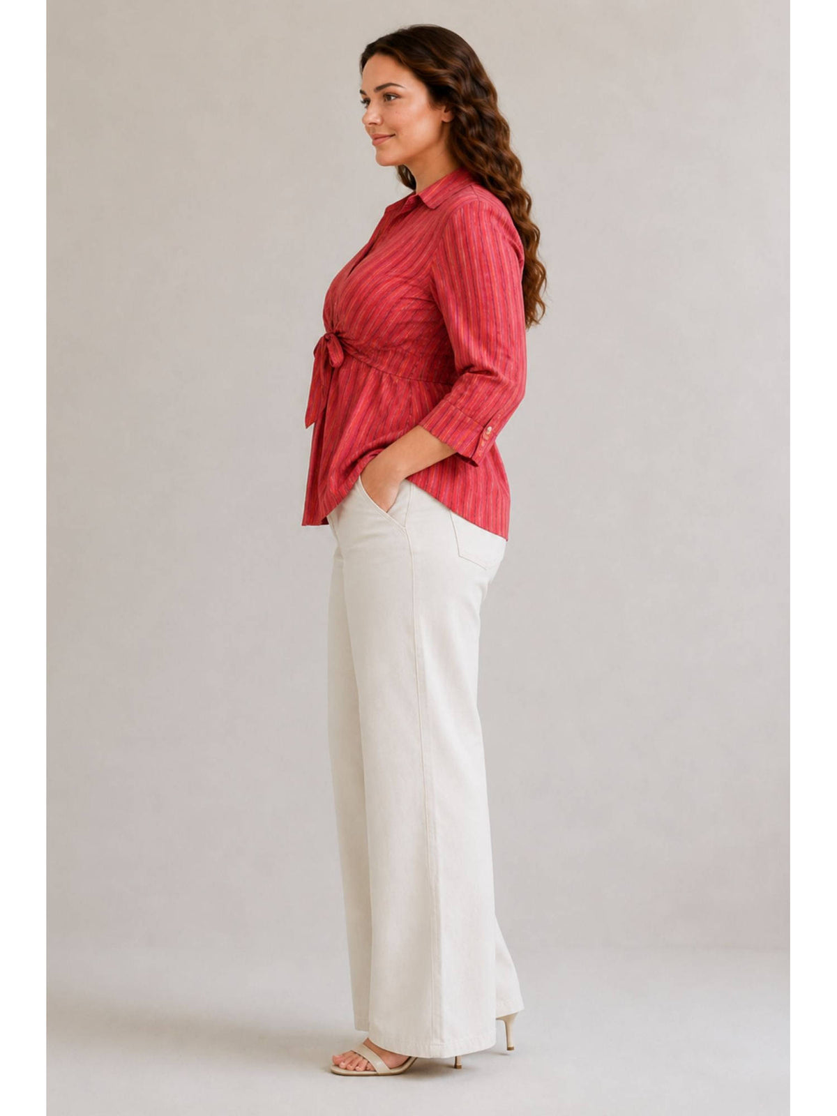 Red Women Striped Cotton Plus Size Tie-Up Shirt | S67 - view 3