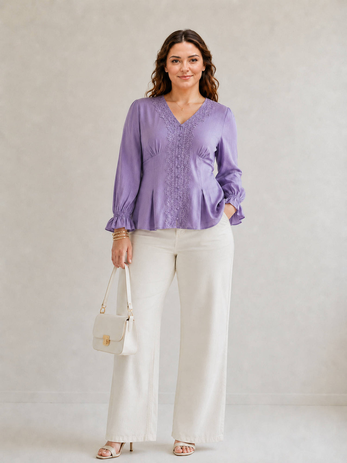 Lavender Women Solid Viscose V Neck Lace Patch Plus Size Top | pt51 - view 1