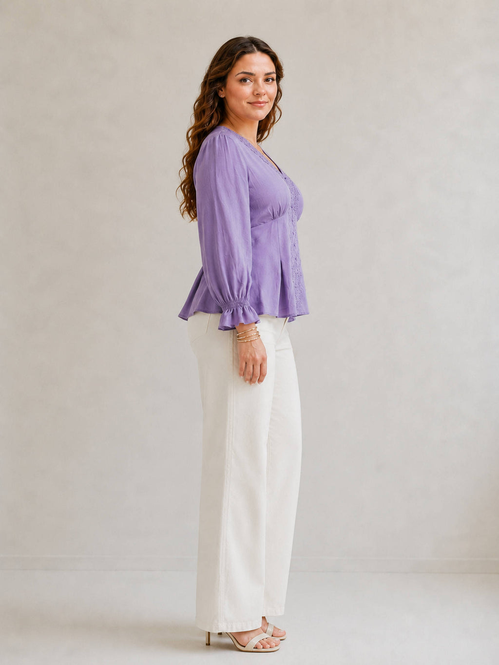 Lavender Women Solid Viscose V Neck Lace Patch Plus Size Top | pt51 - view 2