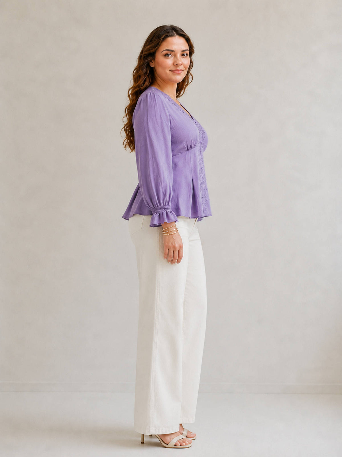 Lavender Women Solid Viscose V Neck Lace Patch Plus Size Top | pt51 - view 2