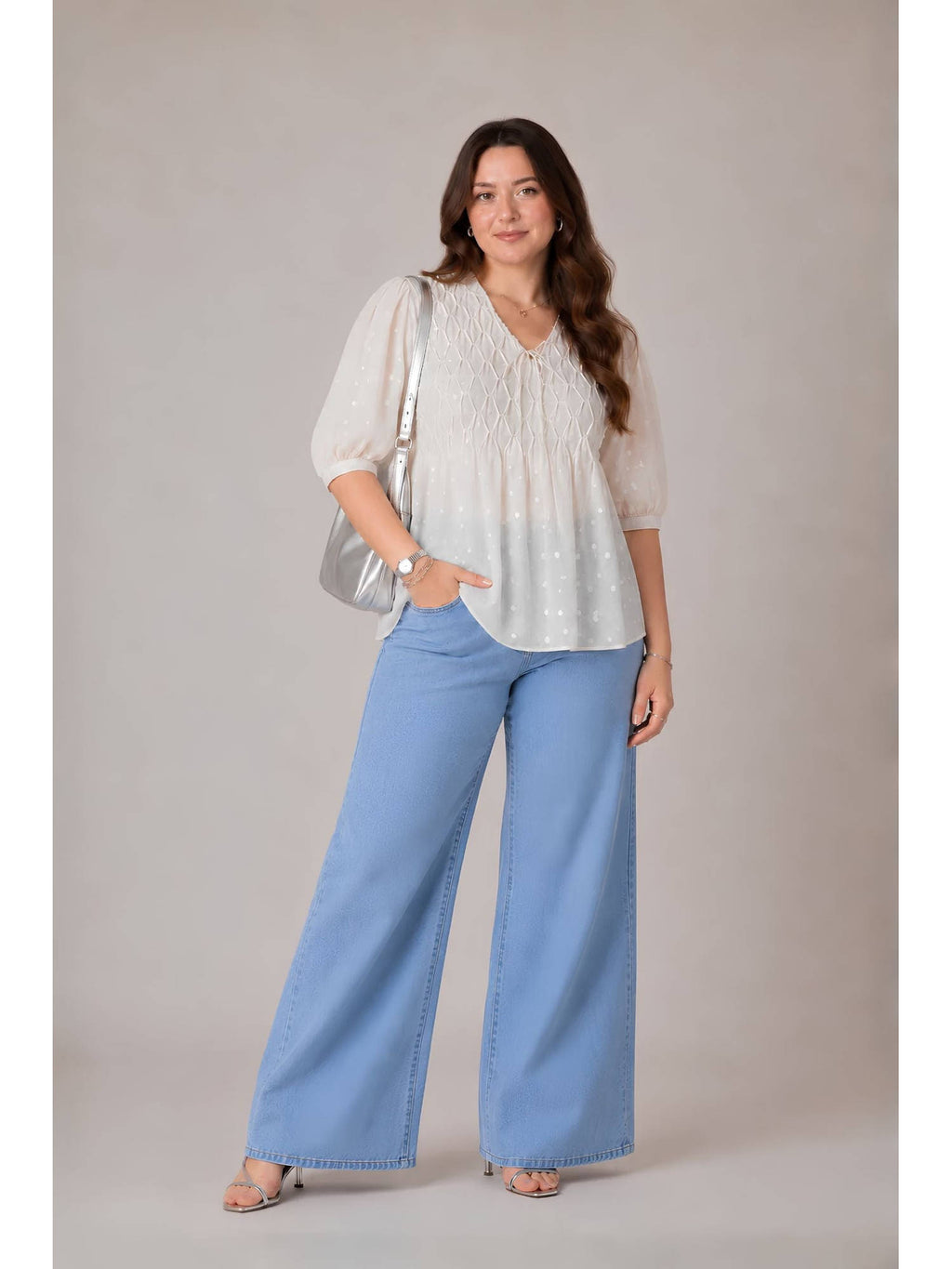 Off White Women Self Design Cotton Pintuck Plus Size Top | pt51 - view 2