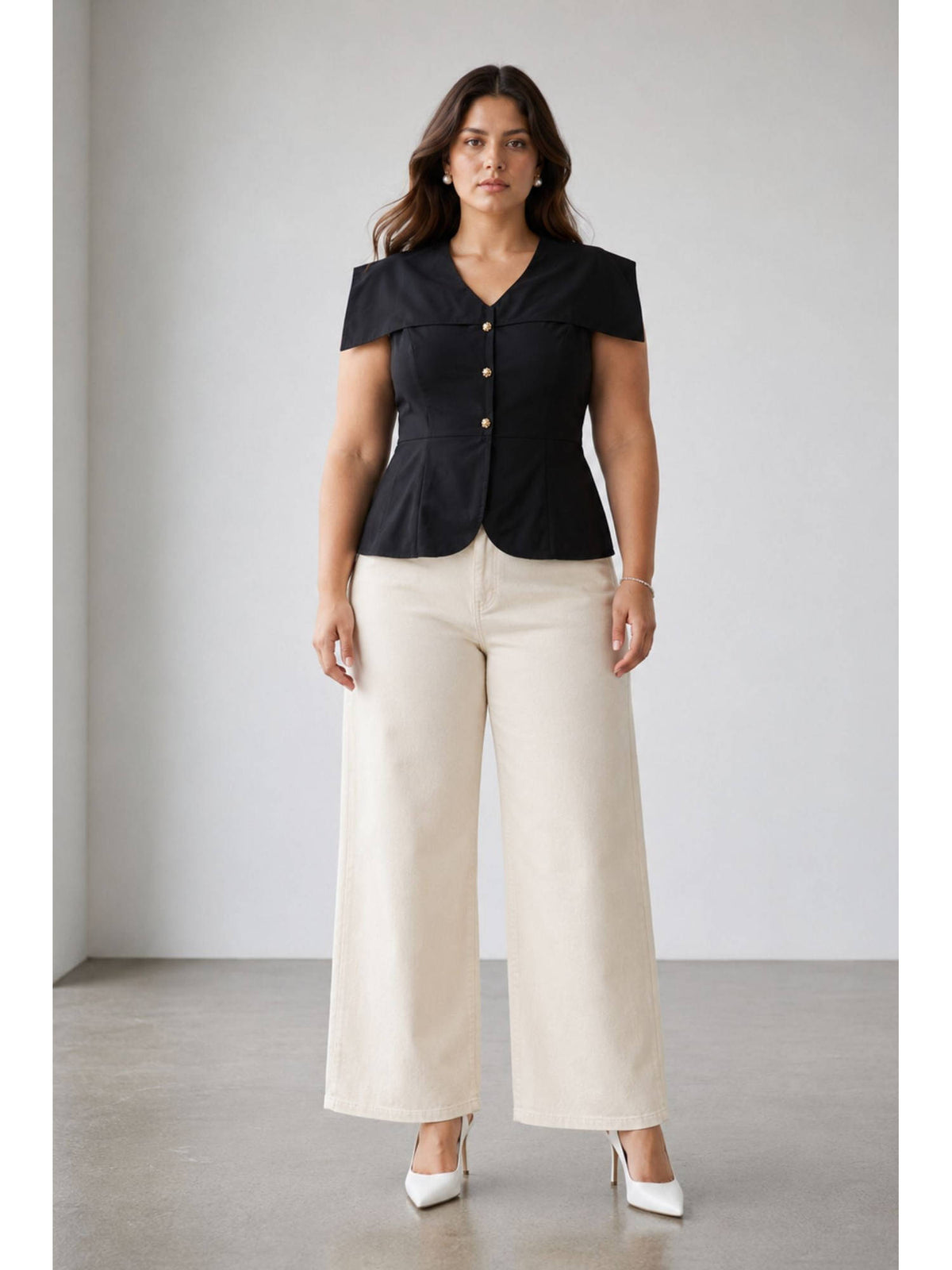 Black Women Solid Cotton Peplum Waist Plus Size Coat Top | pt51 - view 2
