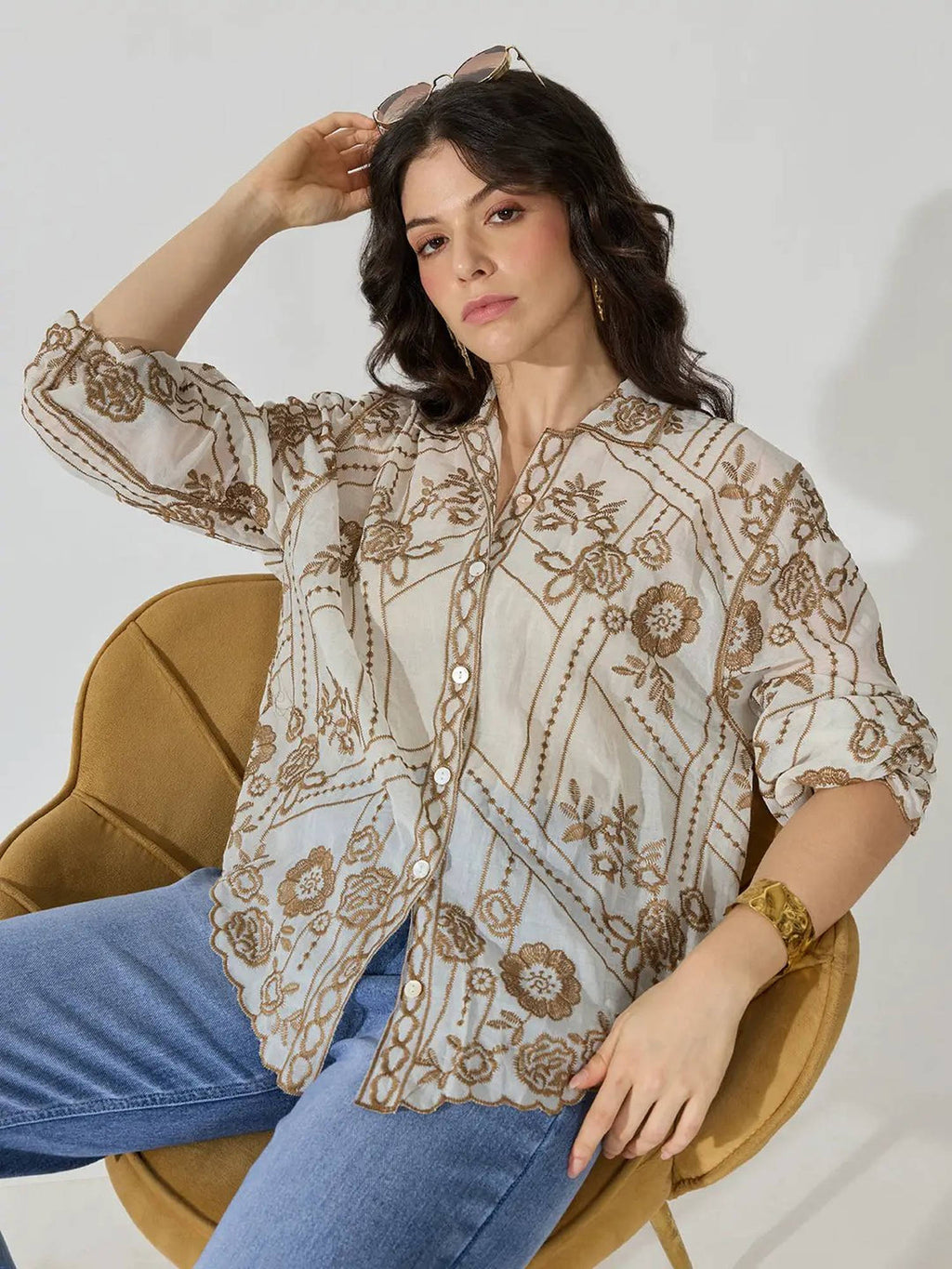 Women's Floral Embroidered Beige Sheer Scalloped Hem Shirt | S67 - view 1