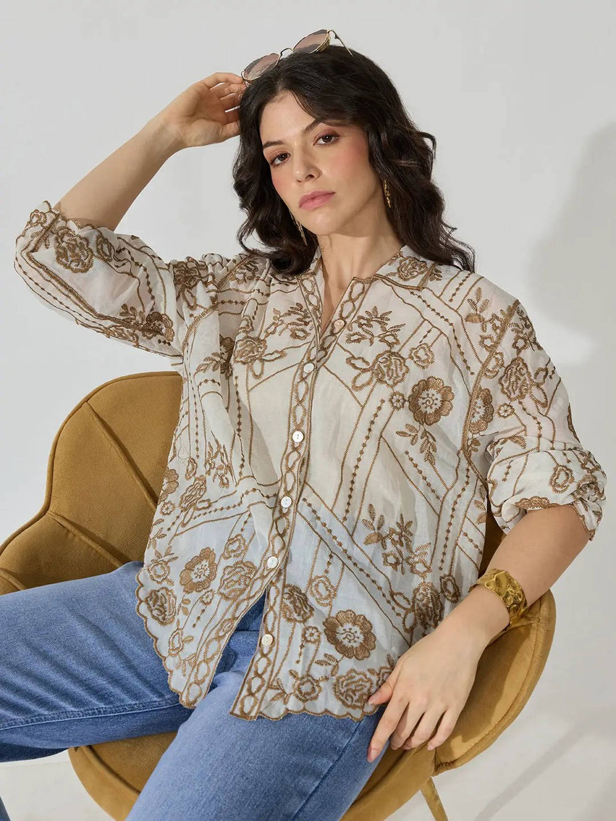 Women's Floral Embroidered Beige Sheer Scalloped Hem Shirt | S67 - view 1