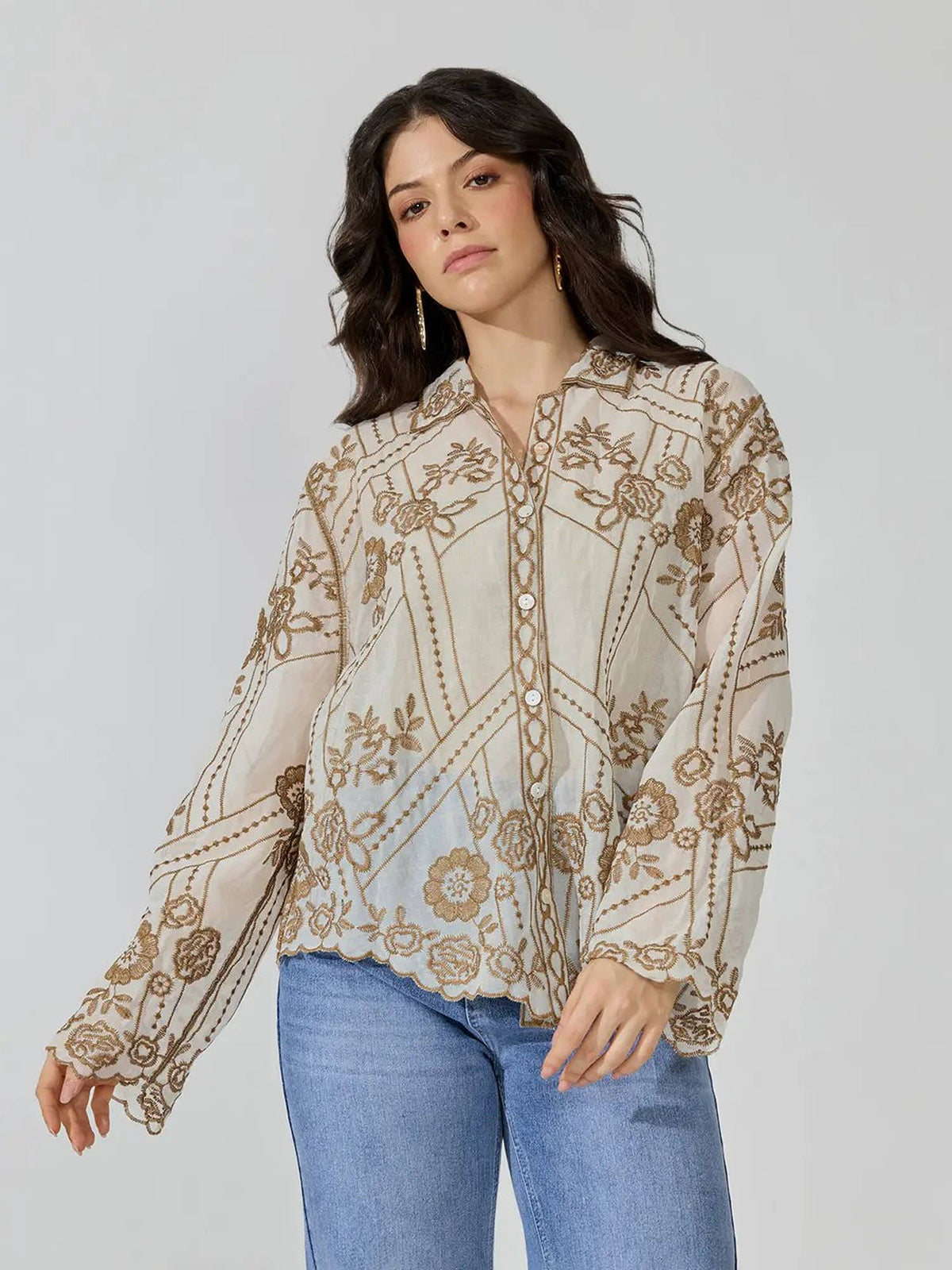 Women's Floral Embroidered Beige Sheer Scalloped Hem Shirt | S67 - view 2