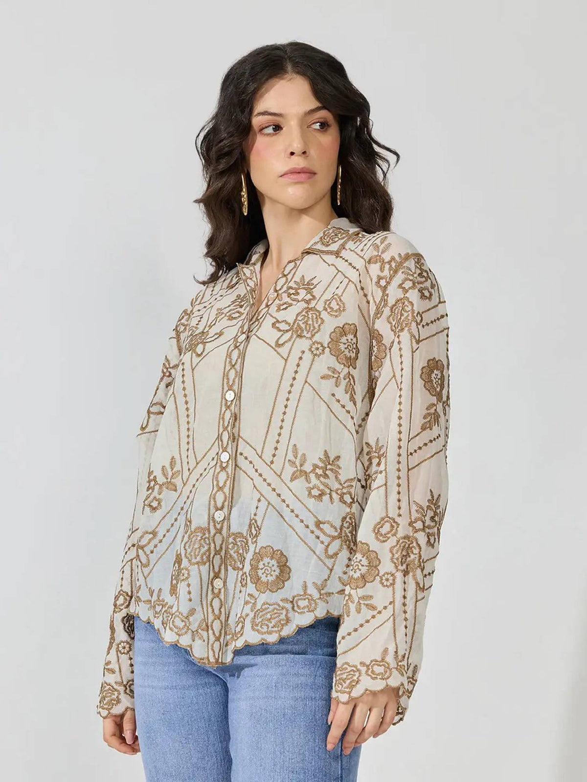 Women's Floral Embroidered Beige Sheer Scalloped Hem Shirt | S67 - view 3