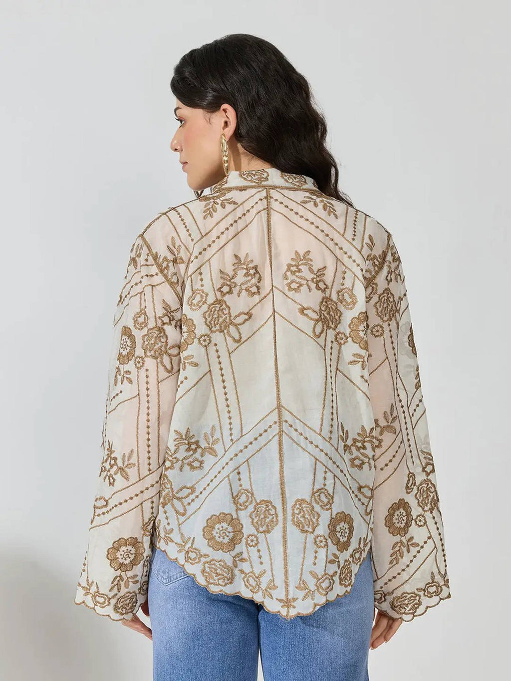 Women's Floral Embroidered Beige Sheer Scalloped Hem Shirt | S67 - view 4