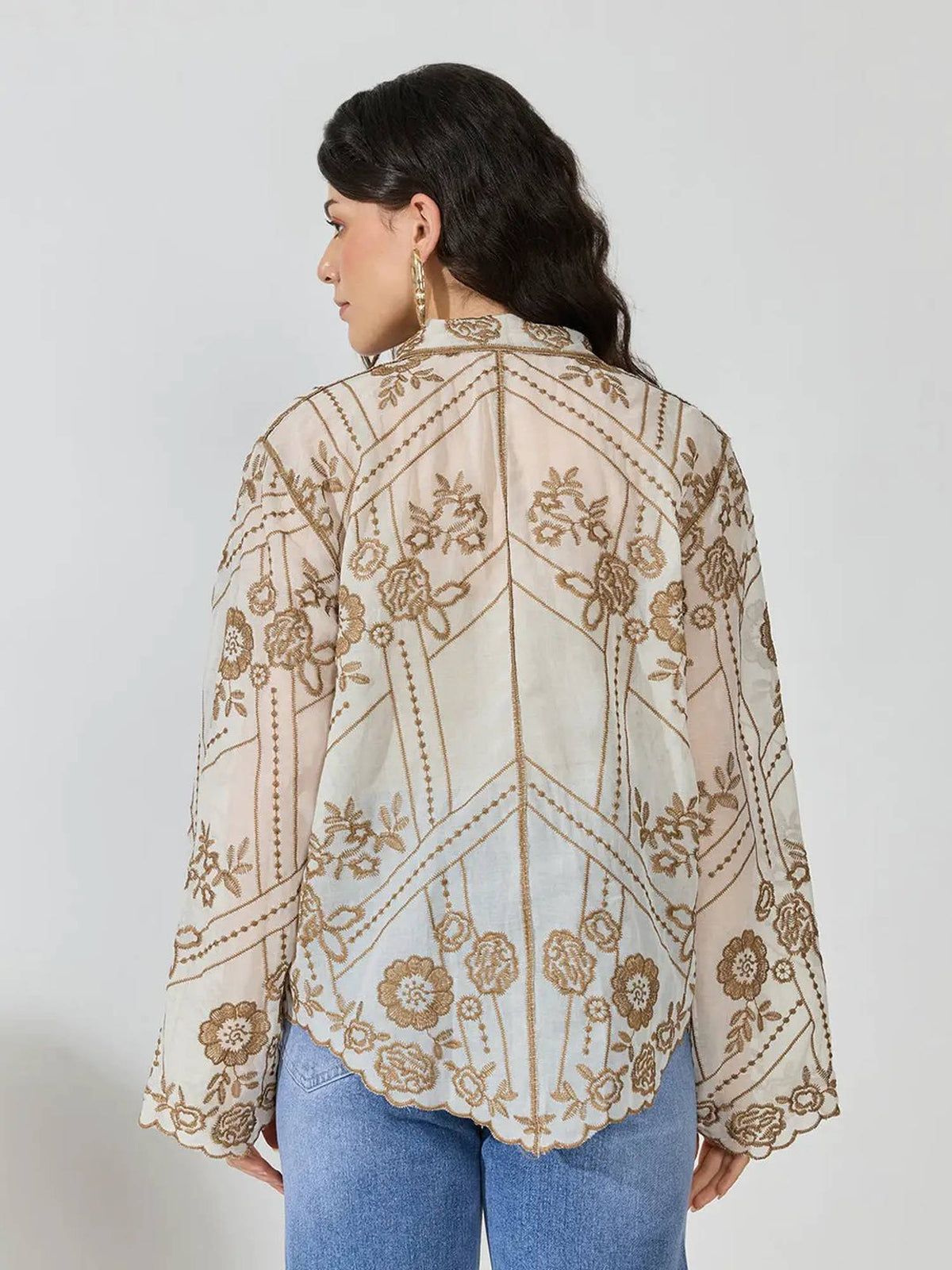 Women's Floral Embroidered Beige Sheer Scalloped Hem Shirt | S67 - view 4