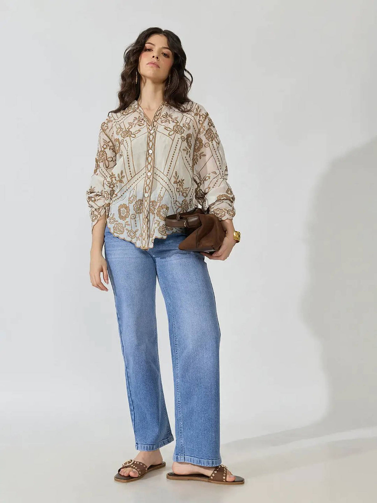 Women's Floral Embroidered Beige Sheer Scalloped Hem Shirt | S67 - view 5