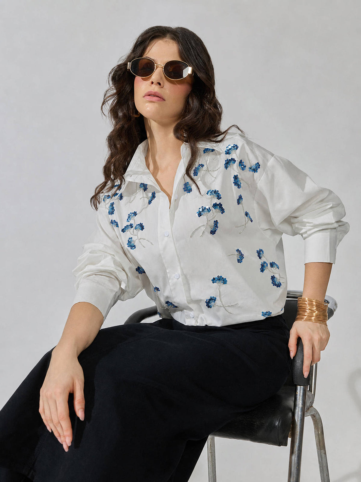 Women's White Oversized Long Sleeve Sequin Detail Shirt | S67 - view 1