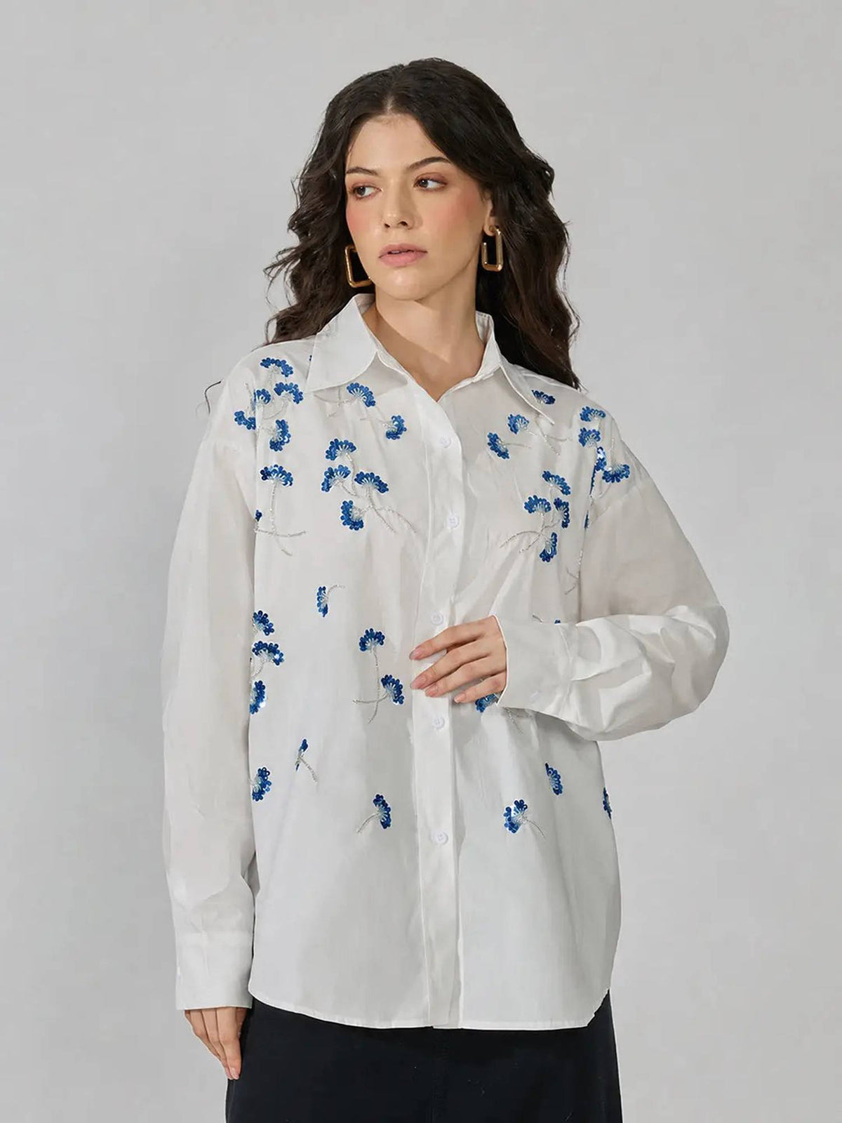 Women's White Oversized Long Sleeve Sequin Detail Shirt | S67 - view 2