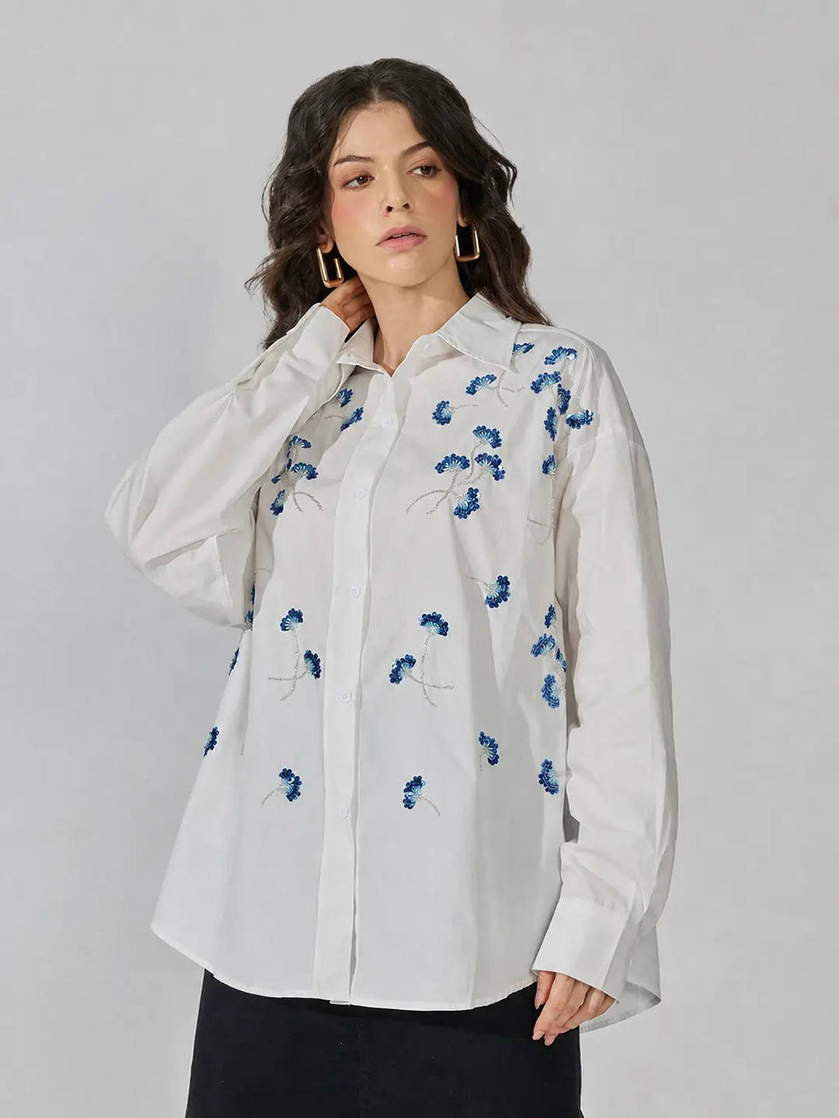 Women's White Oversized Long Sleeve Sequin Detail Shirt | S67 - view 3