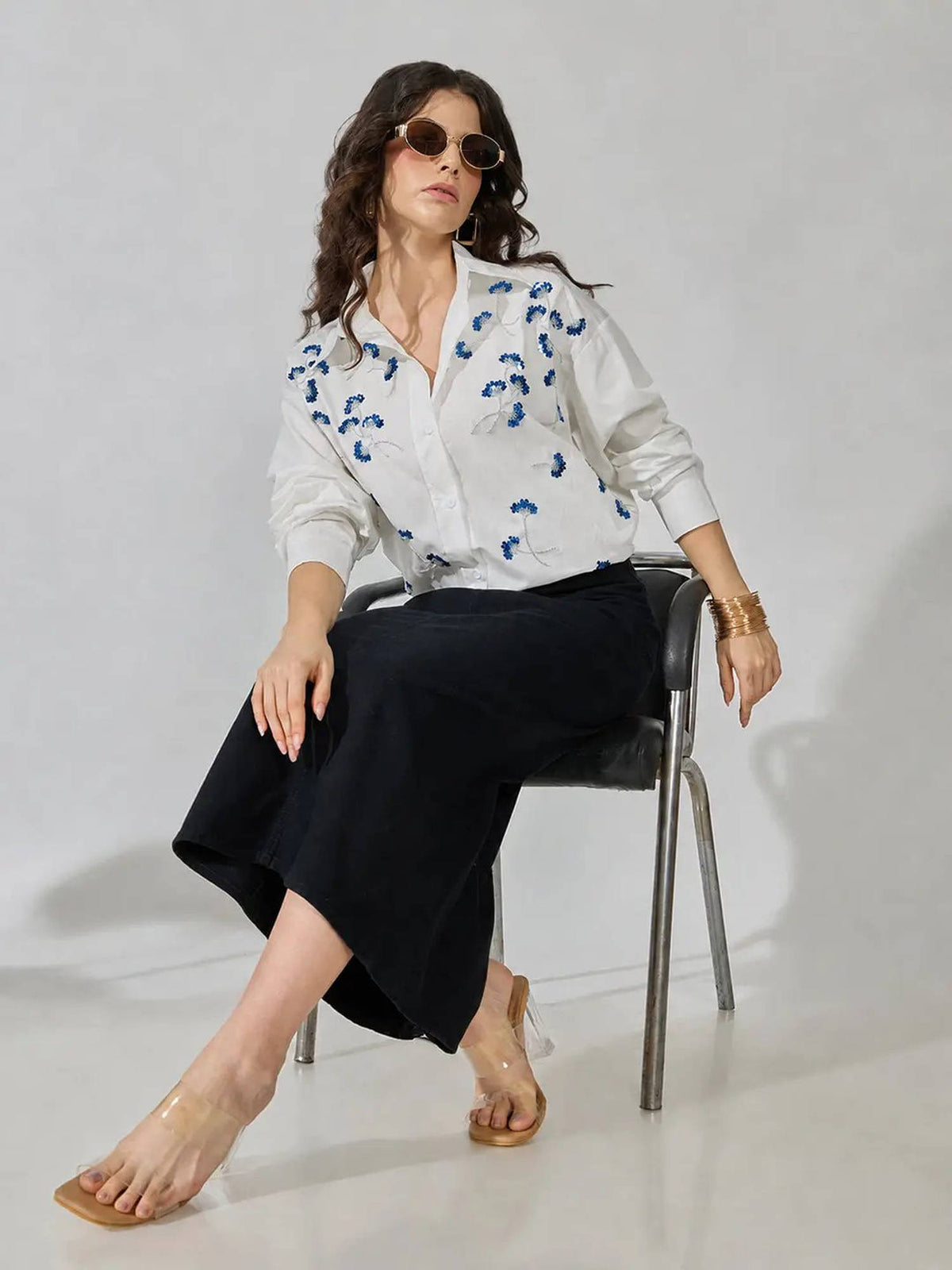 Women's White Oversized Long Sleeve Sequin Detail Shirt | S67 - view 5