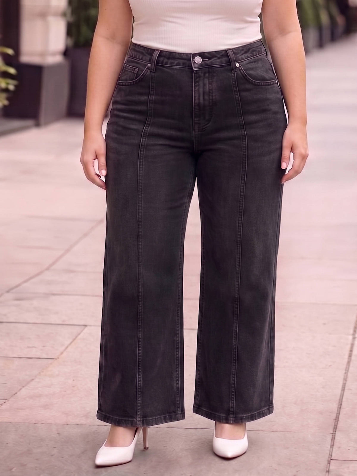 Women Plus Size Mid Blue Wide Leg High Rise Stretchable Jeans | WL90 - view 6