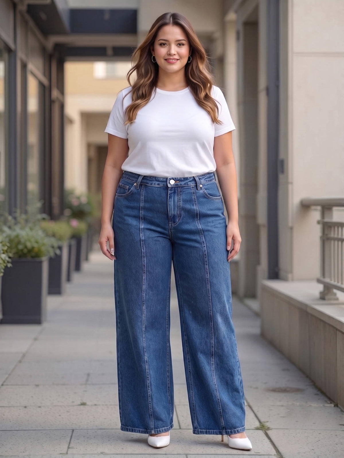 Women Plus Size Mid Blue Wide Leg High Rise Stretchable Jeans | WL90 - view 1