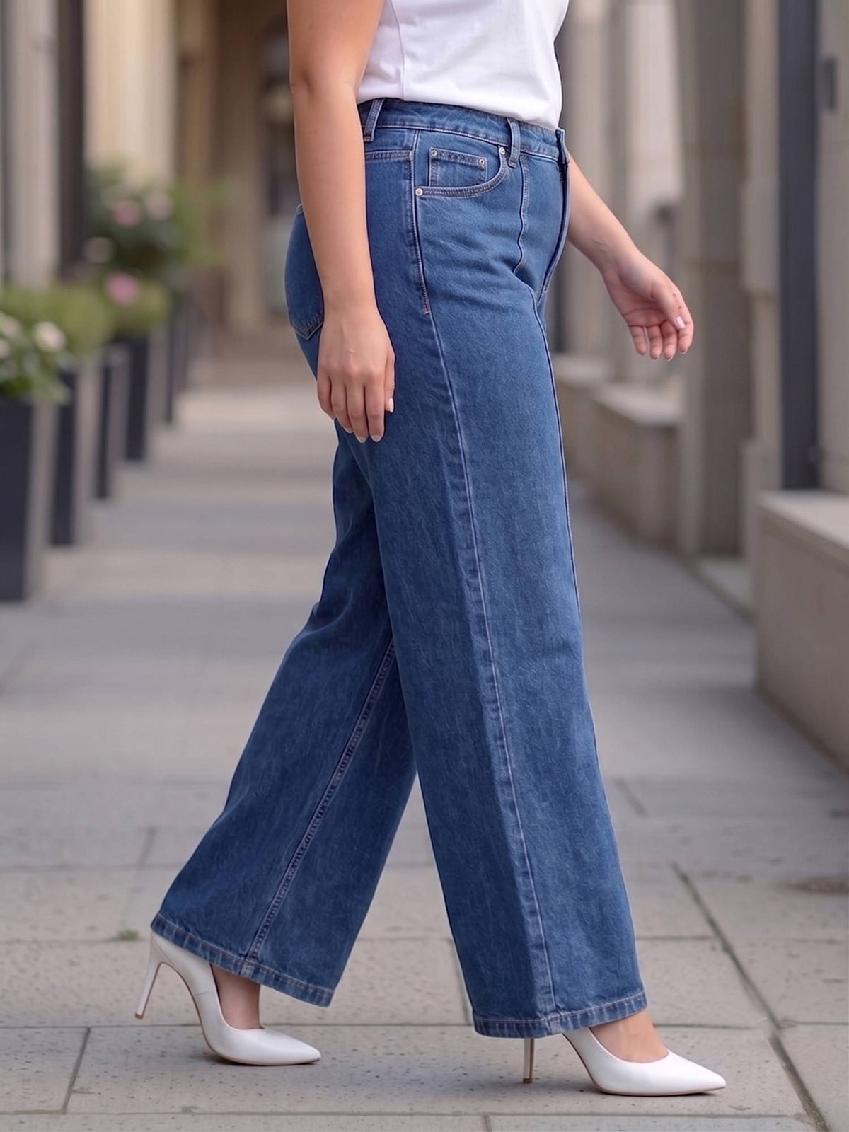 Women Plus Size Mid Blue Wide Leg High Rise Stretchable Jeans | WL90 - view 3
